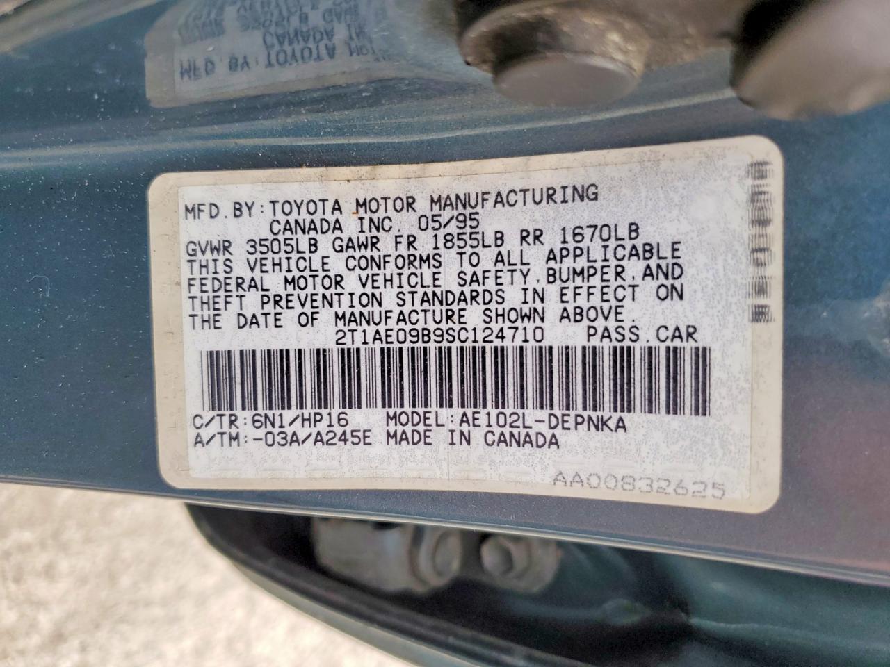 1995 Toyota Corolla Dx Blue vin: 2T1AE09B9SC124710