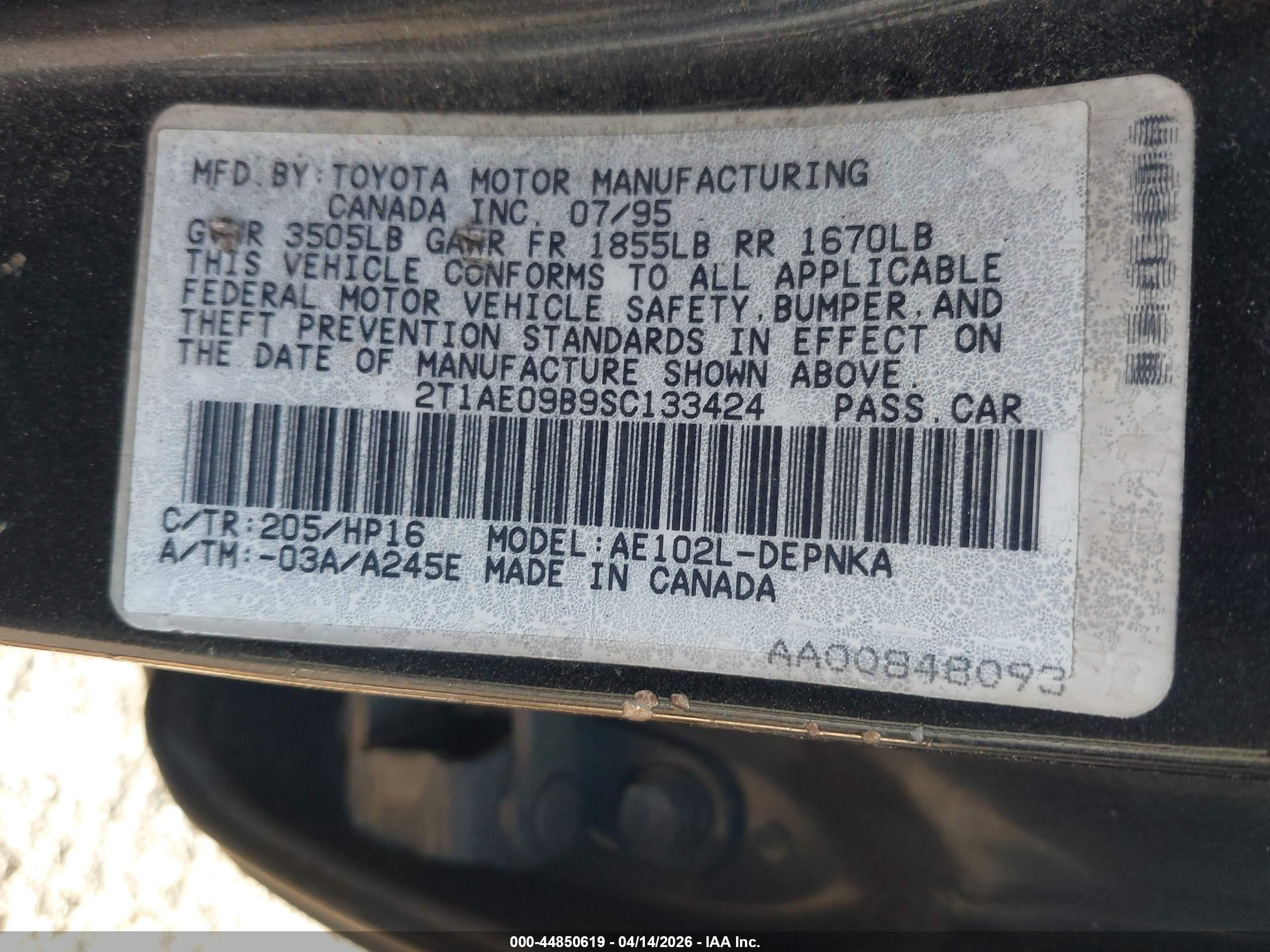 1995 Toyota Corolla Le/dx Черный vin: 2T1AE09B9SC133424