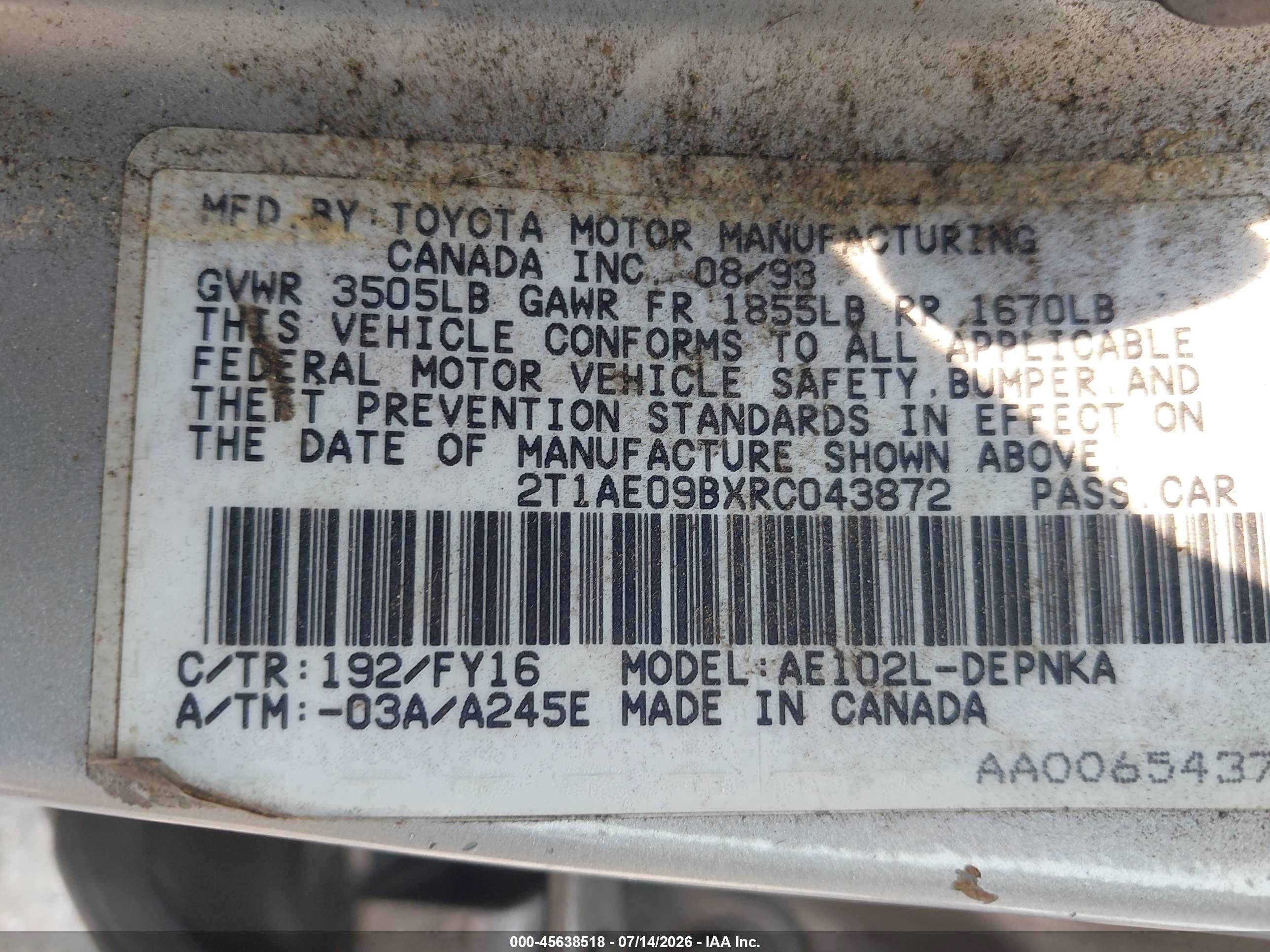 1994 Toyota Corolla Le/dx Silver vin: 2T1AE09BXRC043872