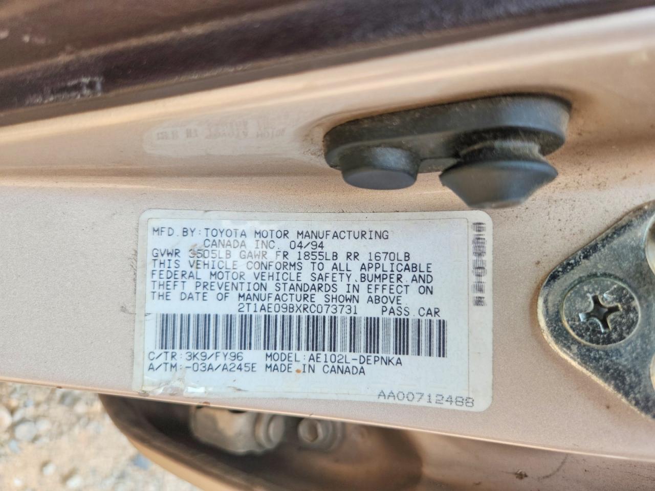 1994 Toyota Corolla Dx Gold vin: 2T1AE09BXRC073731