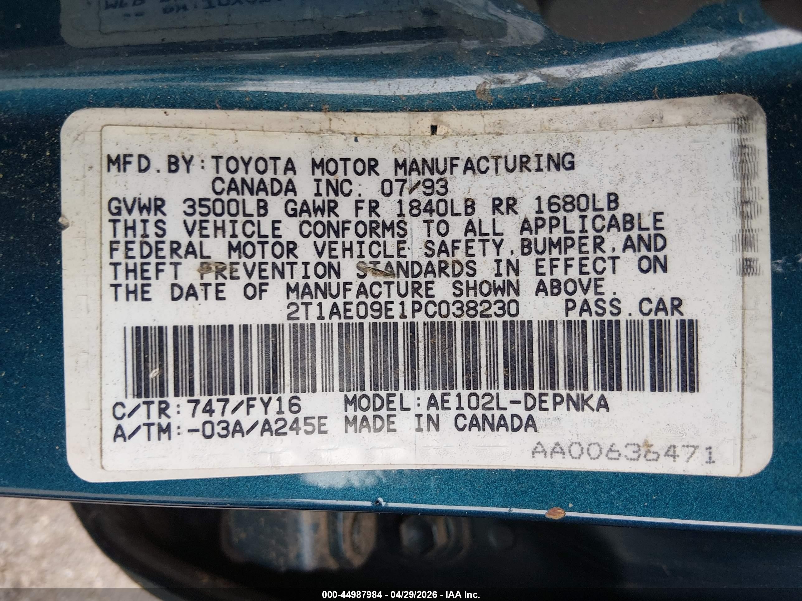 1993 Toyota Corolla Le/dx Зеленый vin: 2T1AE09E1PC038230