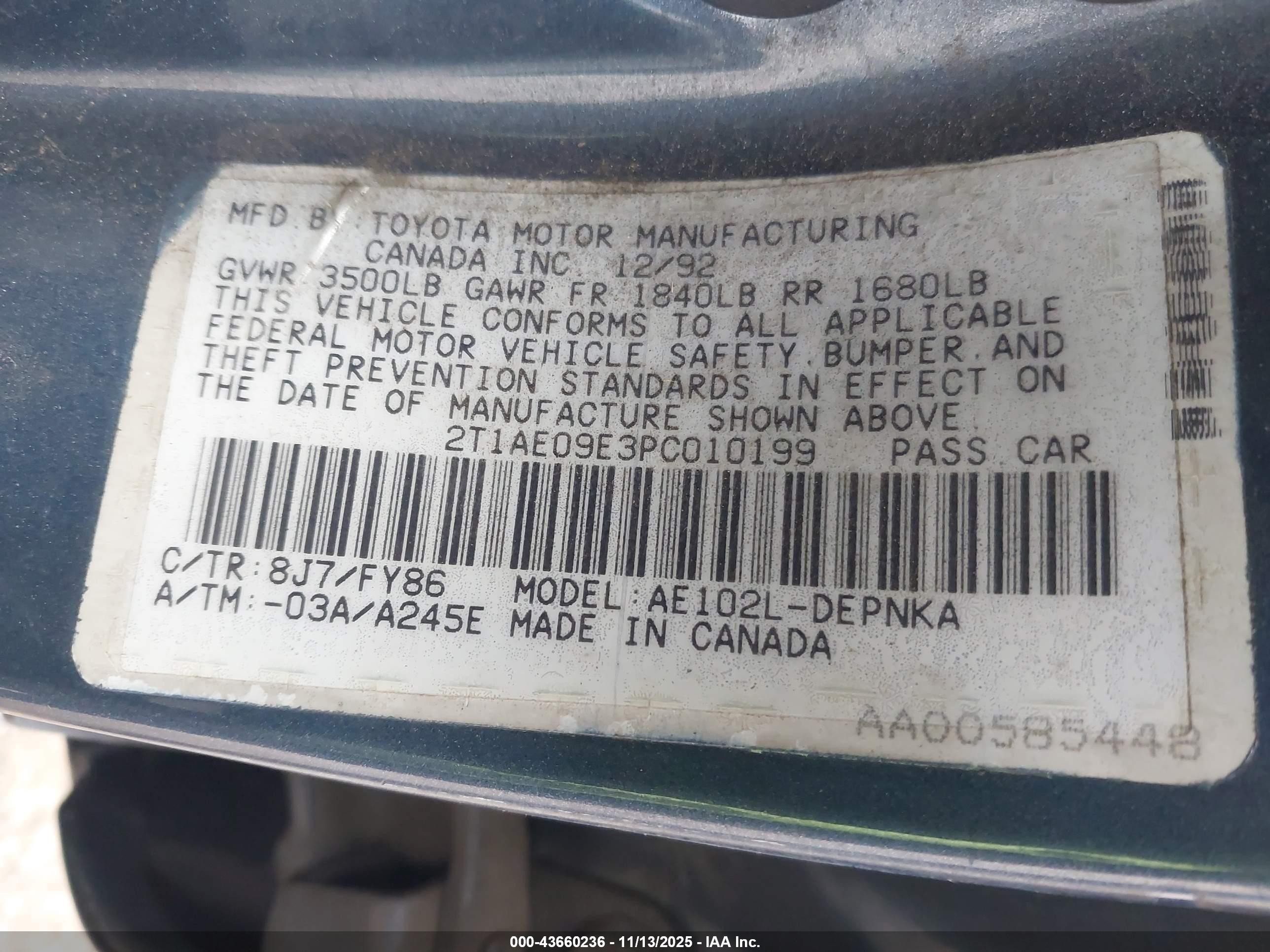 1993 Toyota Corolla Le/dx Blue vin: 2T1AE09E3PC010199