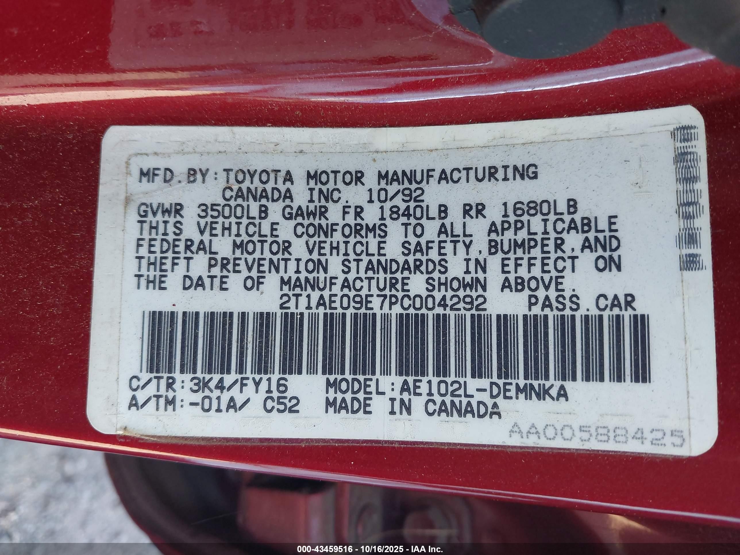 1993 Toyota Corolla Le/dx Maroon vin: 2T1AE09E7PC004292