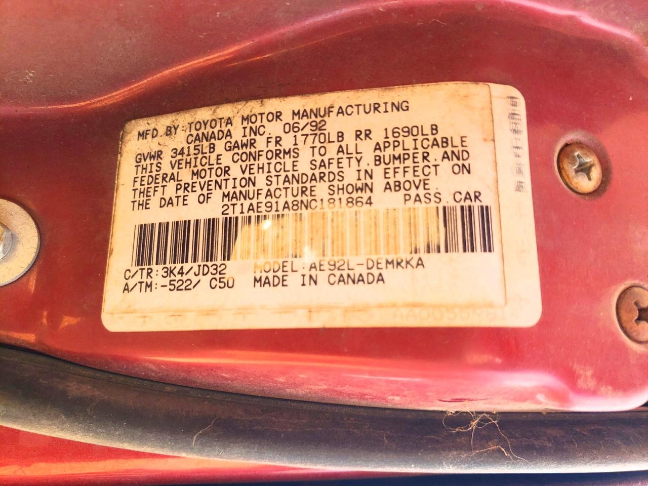 1992 Toyota Corolla Base Red vin: 2T1AE91A8NC181864