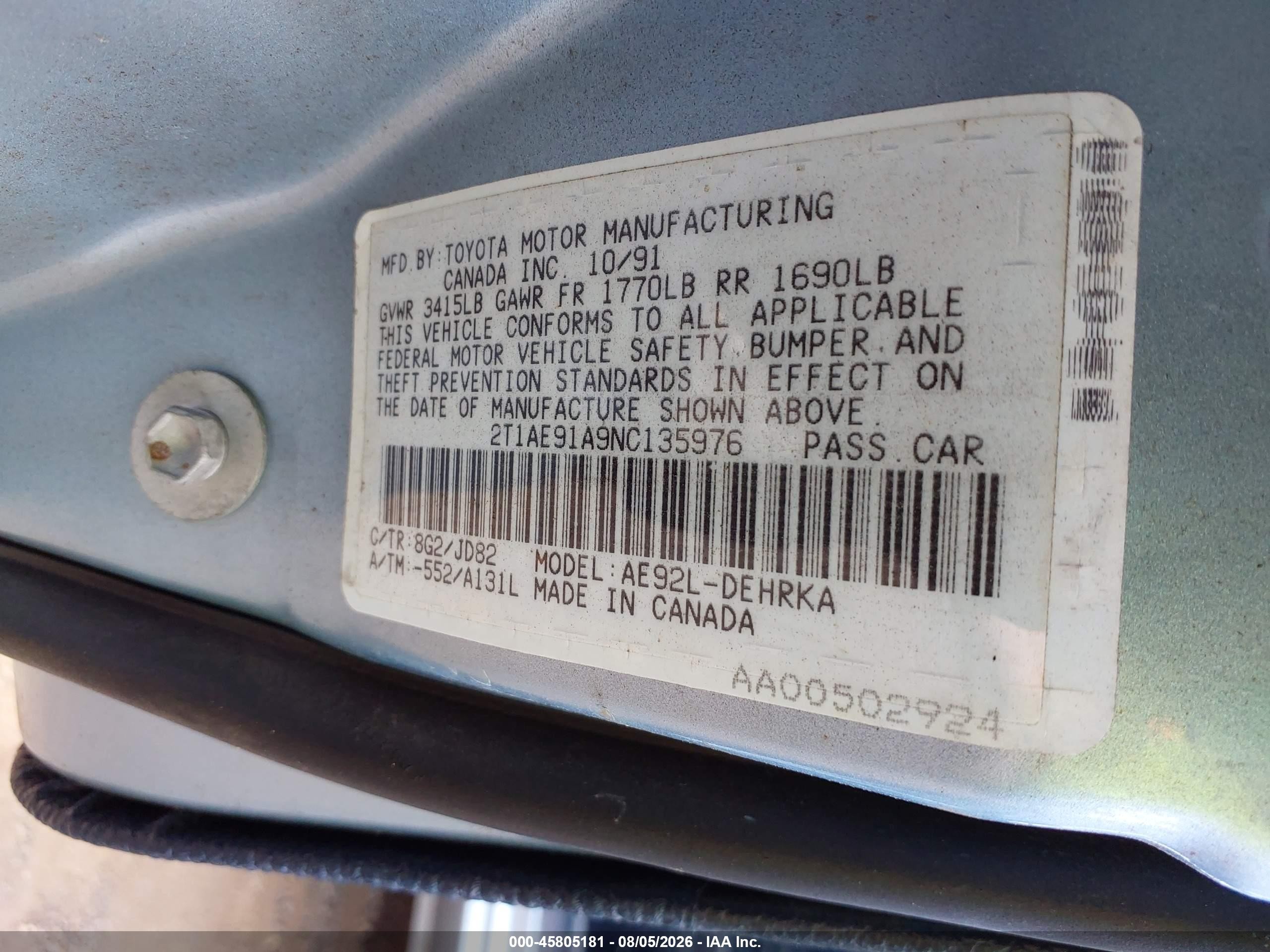 1992 Toyota Corolla   Blue vin: 2T1AE91A9NC135976