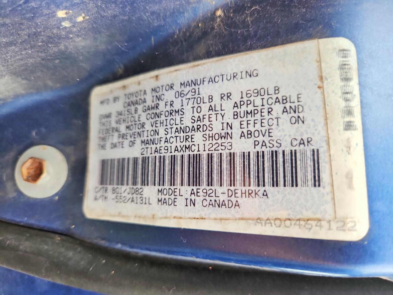 1991 Toyota Corolla Base Blue vin: 2T1AE91AXMC112253