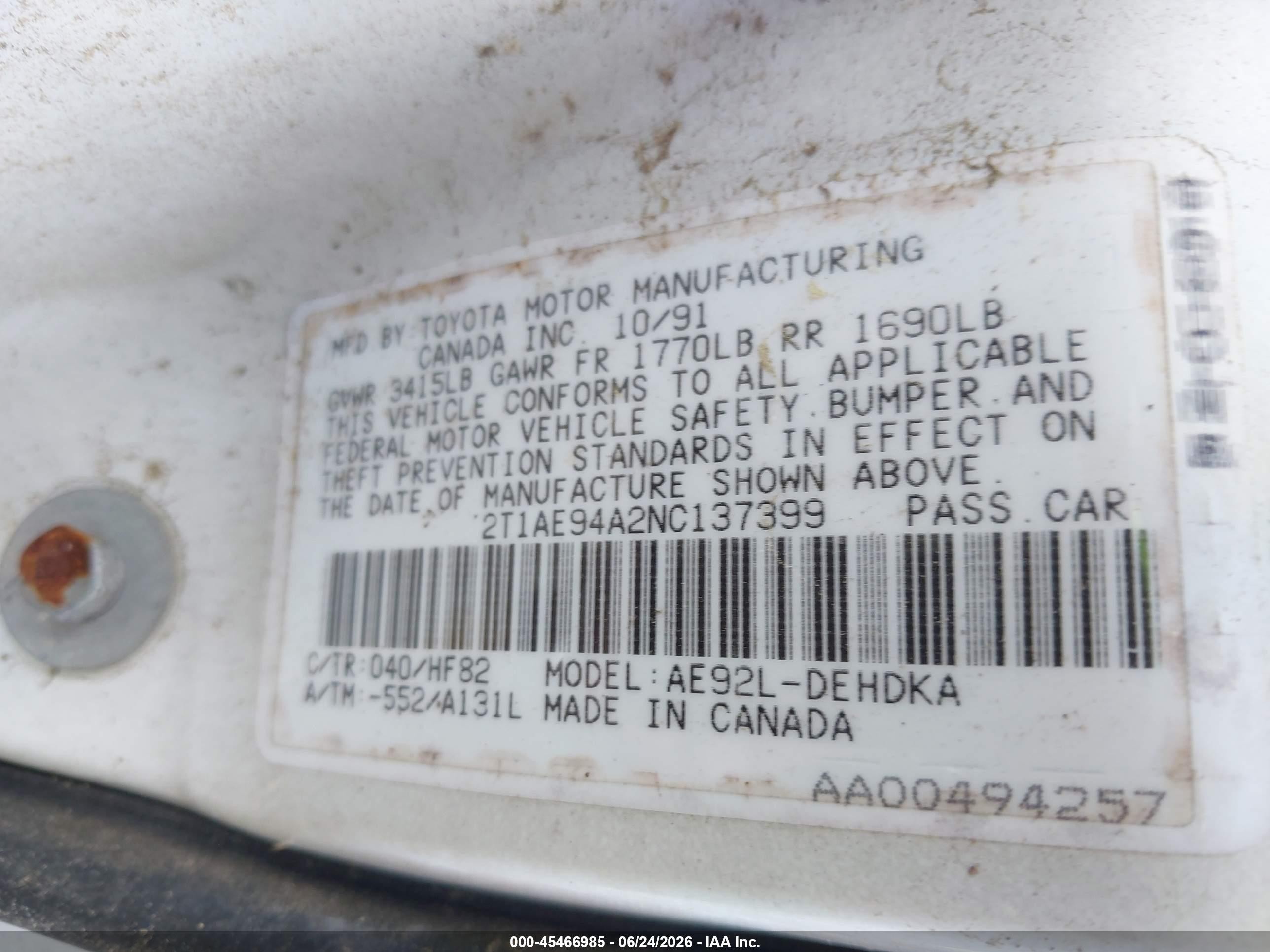 1992 Toyota Corolla Dlx White vin: 2T1AE94A2NC137399