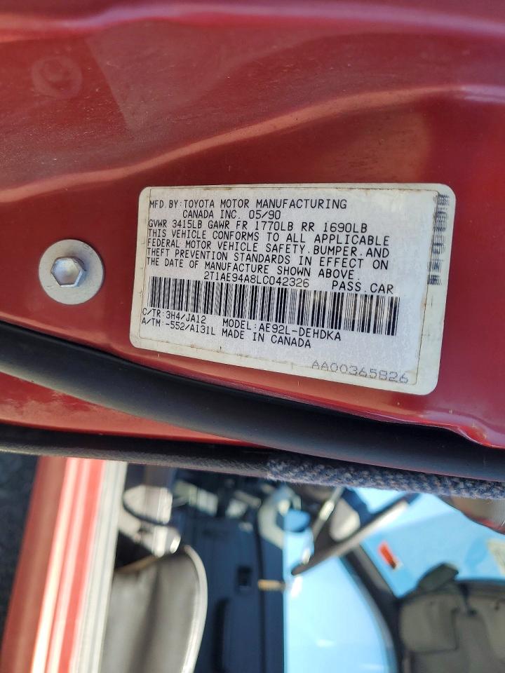 1990 Toyota Corolla Dlx Burgundy vin: 2T1AE94A8LC042326