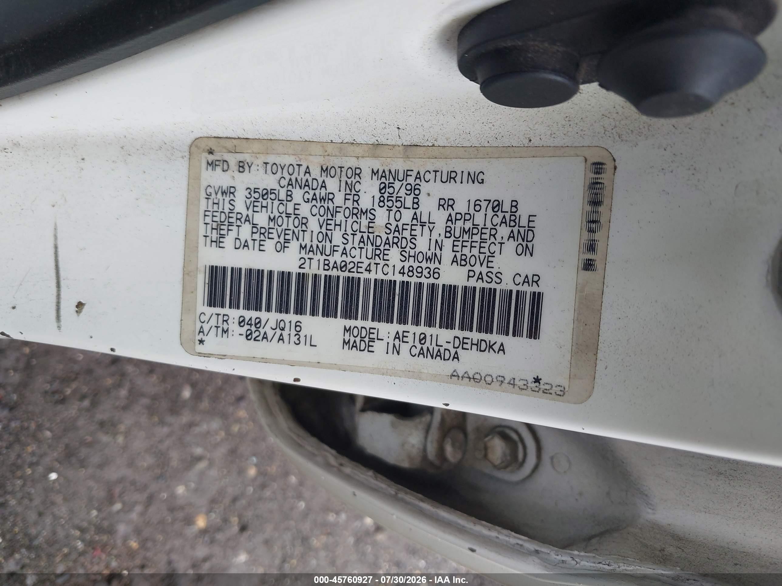 1996 Toyota Corolla   White vin: 2T1BA02E4TC148936