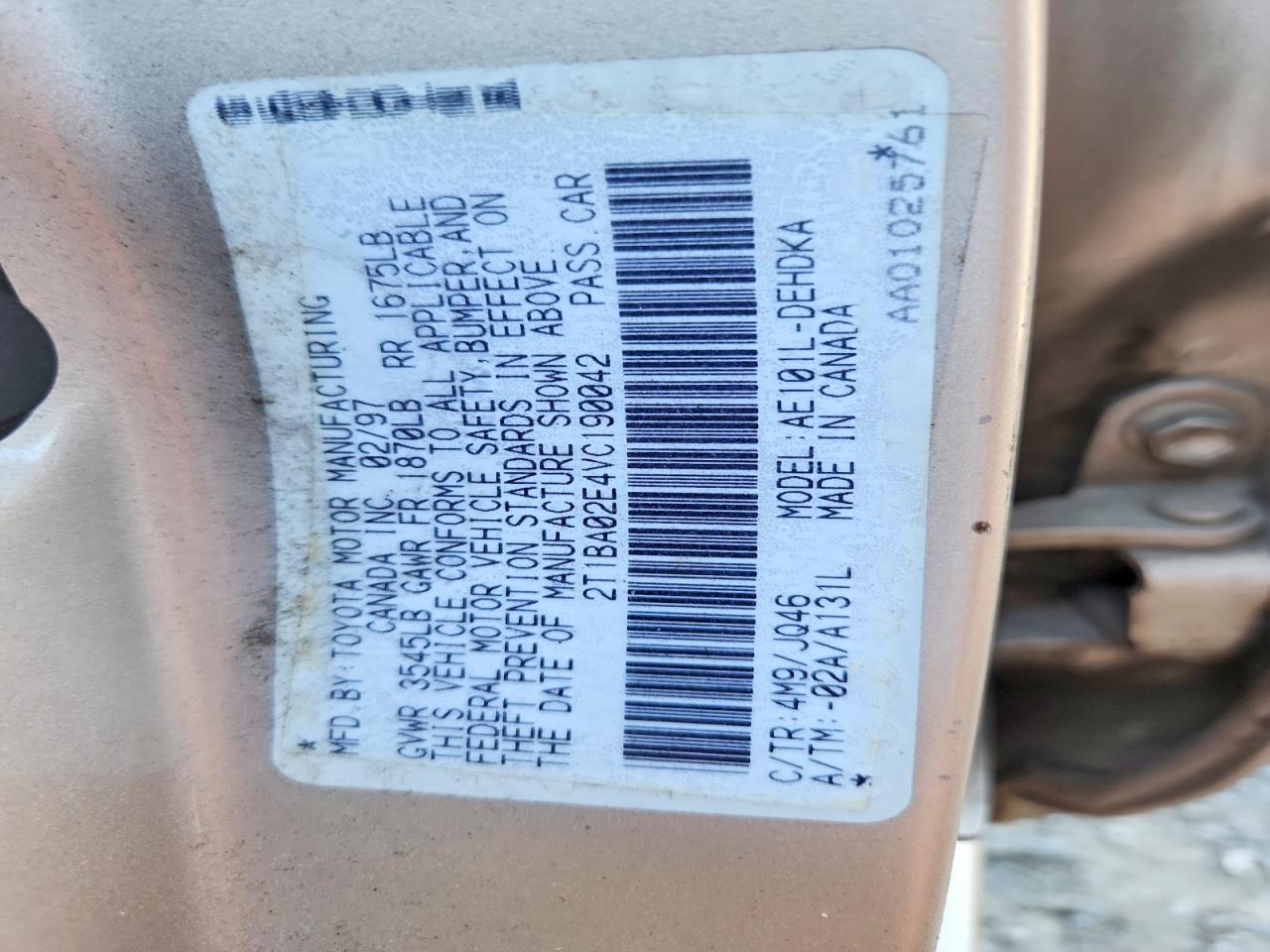 1997 Toyota Corolla Base Silver vin: 2T1BA02E4VC190042