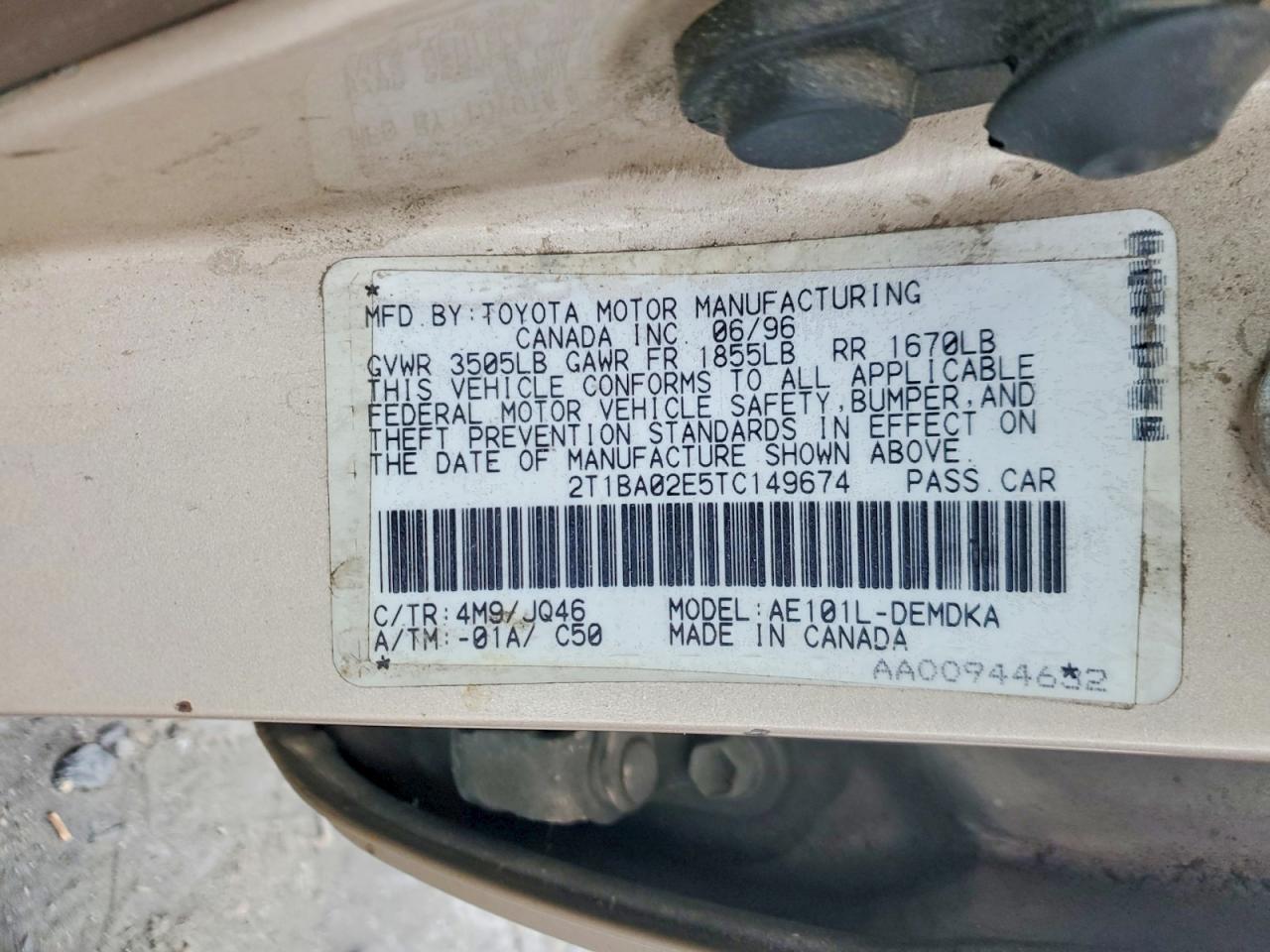 1996 Toyota Corolla Silver vin: 2T1BA02E5TC149674