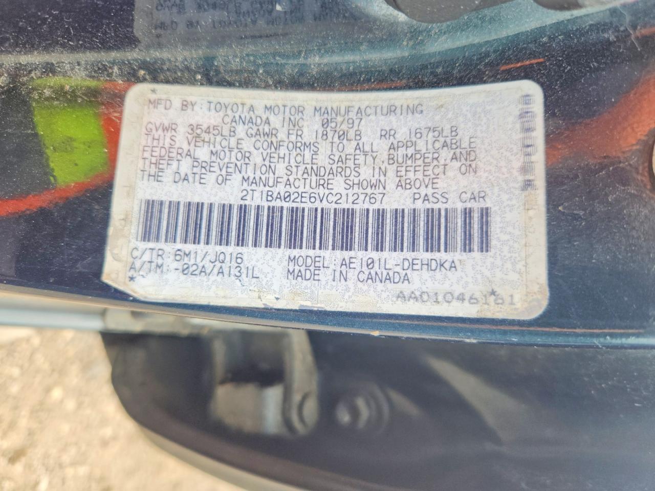 1997 Toyota Corolla Base Green vin: 2T1BA02E6VC212767