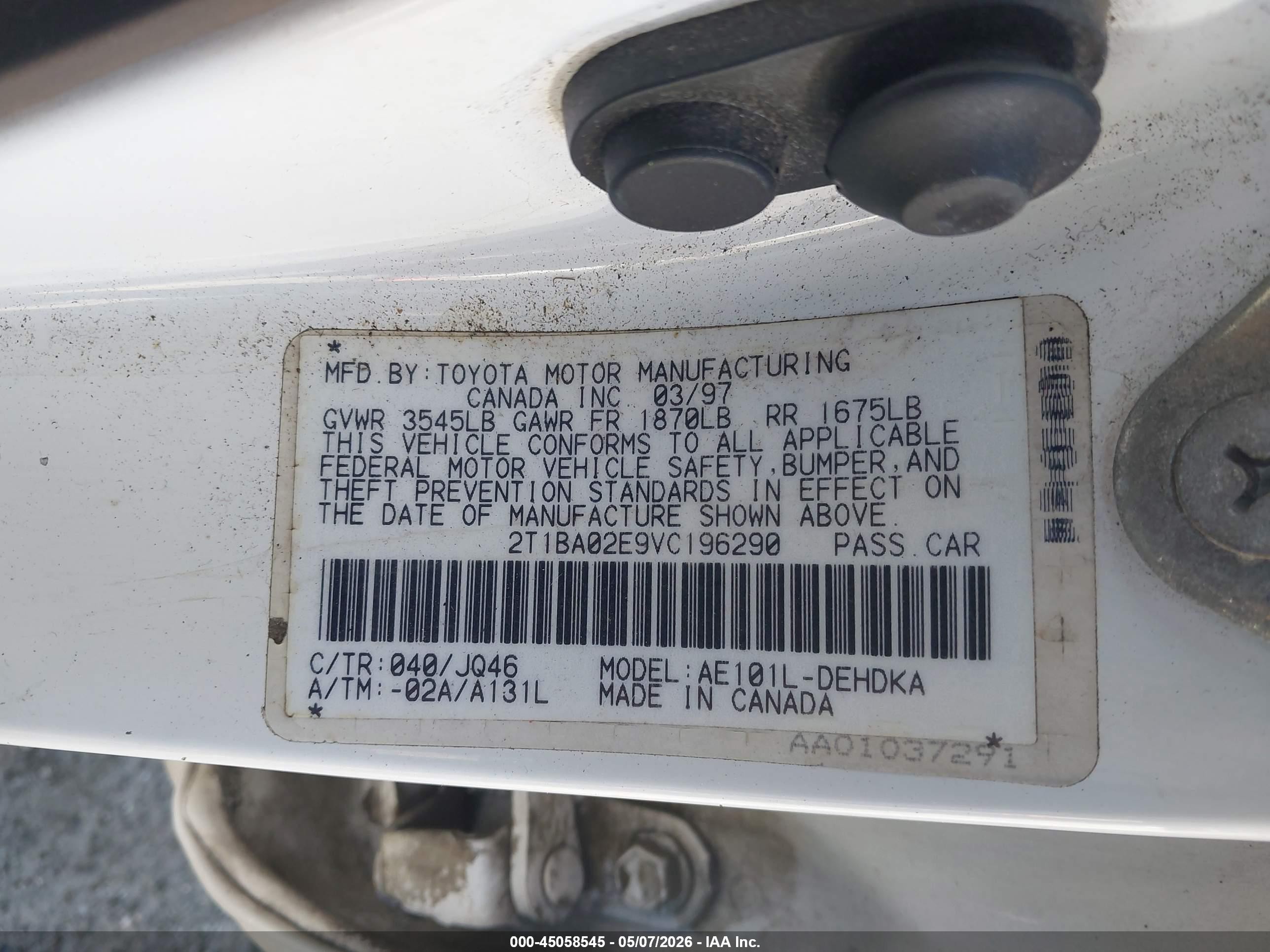1997 Toyota Corolla Ce White vin: 2T1BA02E9VC196290