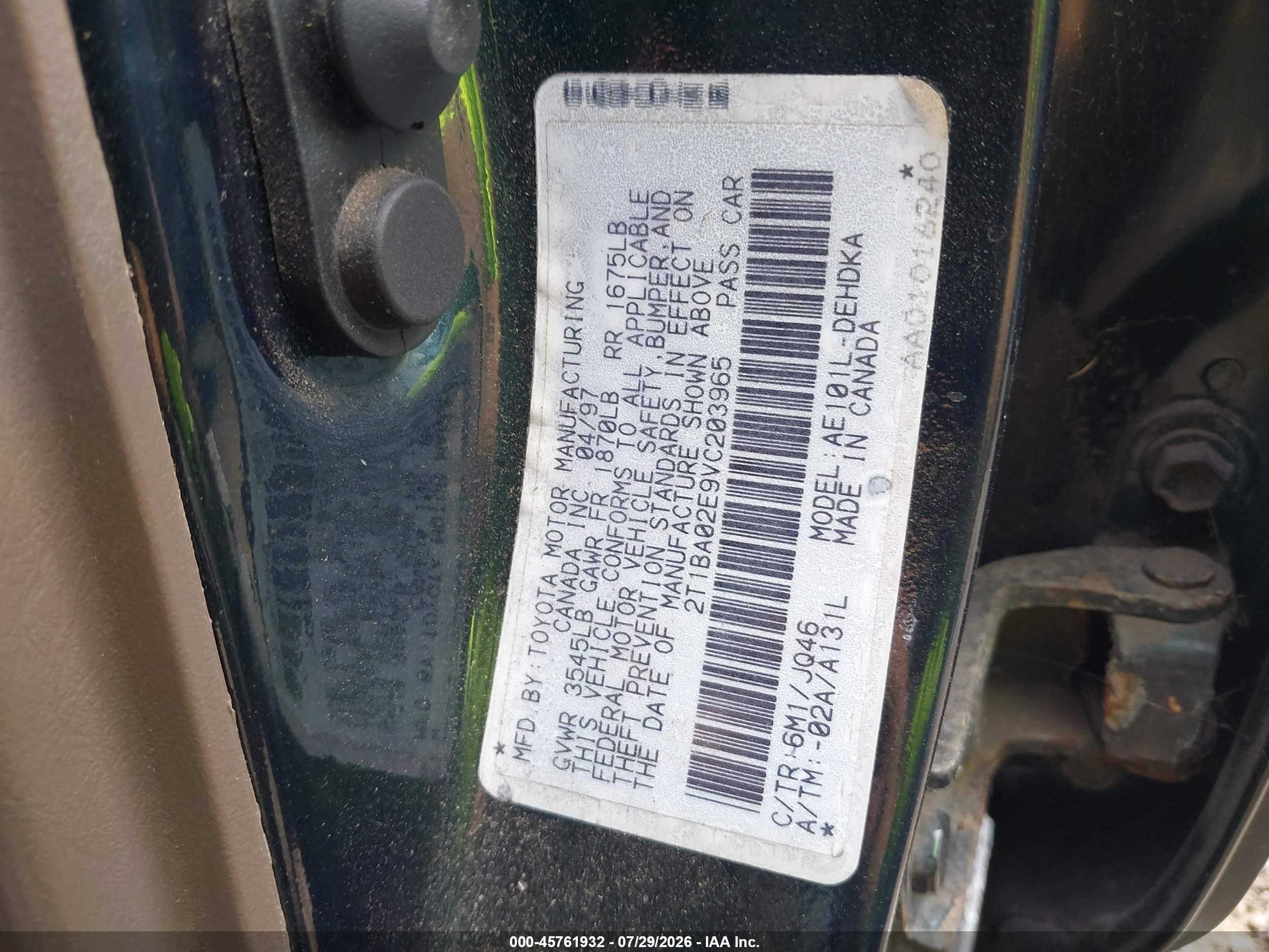1997 Toyota Corolla Ce Green vin: 2T1BA02E9VC203965