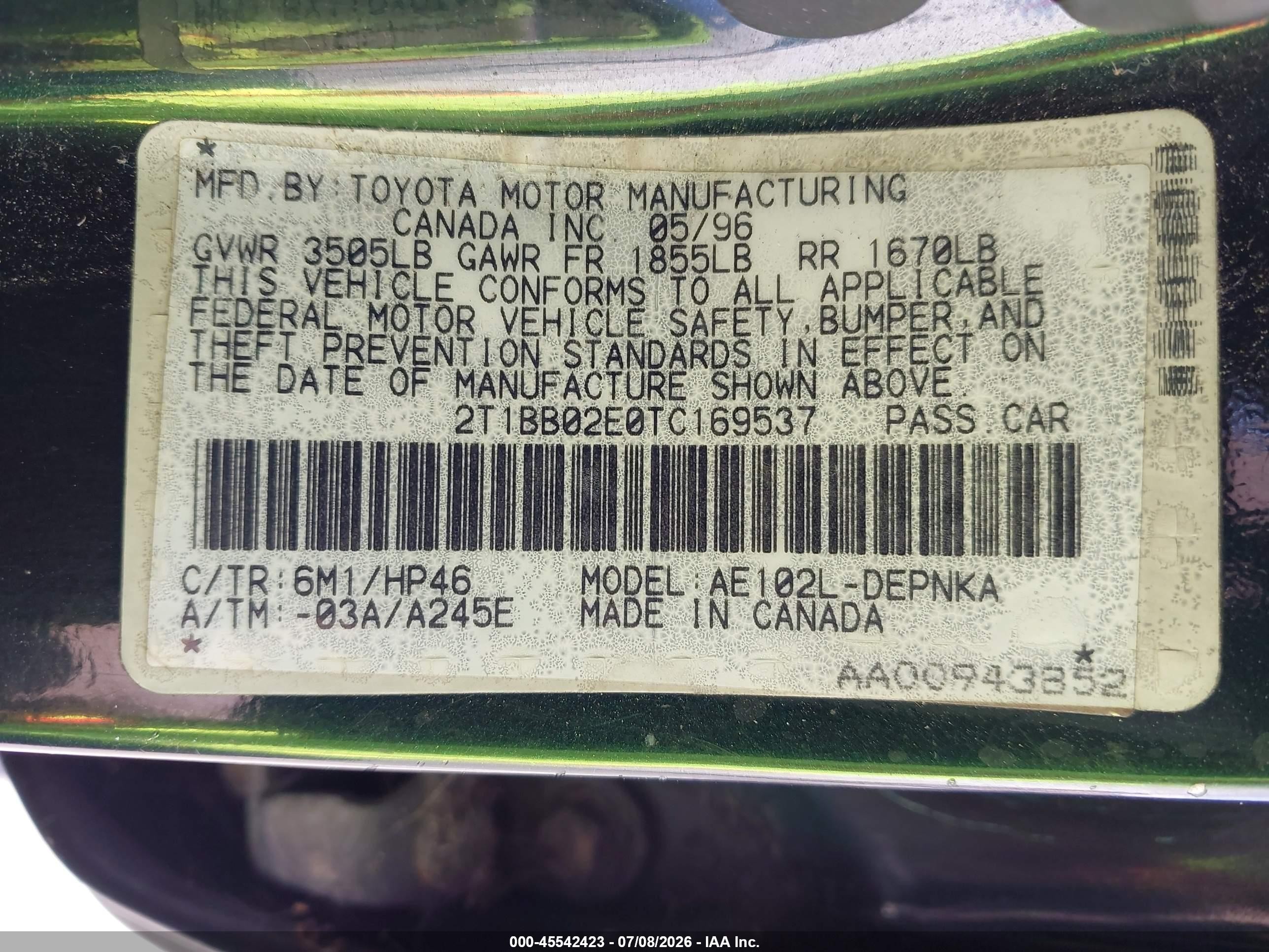 1996 Toyota Corolla Dx Blue vin: 2T1BB02E0TC169537