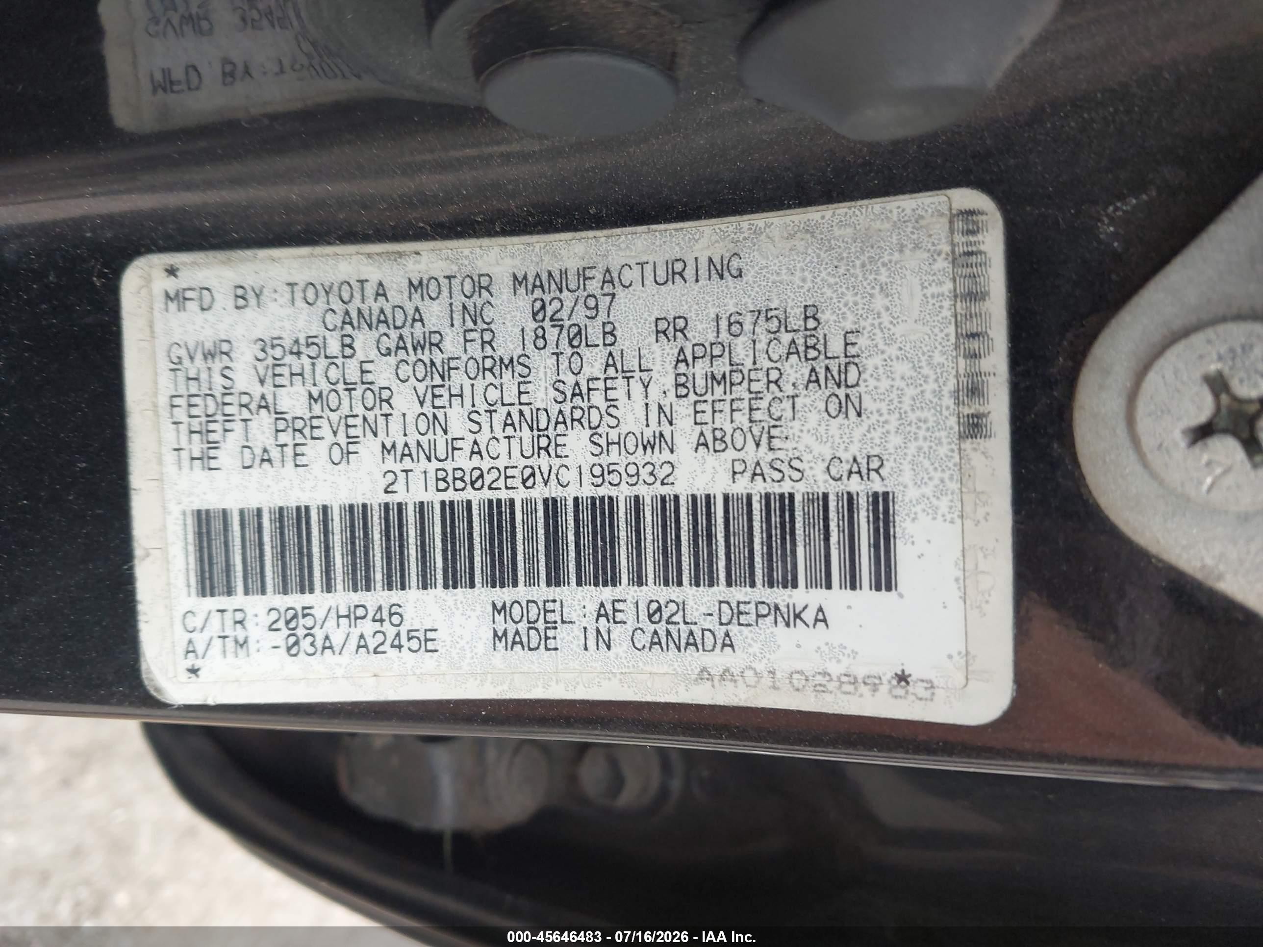 1997 Toyota Corolla Dx Black vin: 2T1BB02E0VC195932