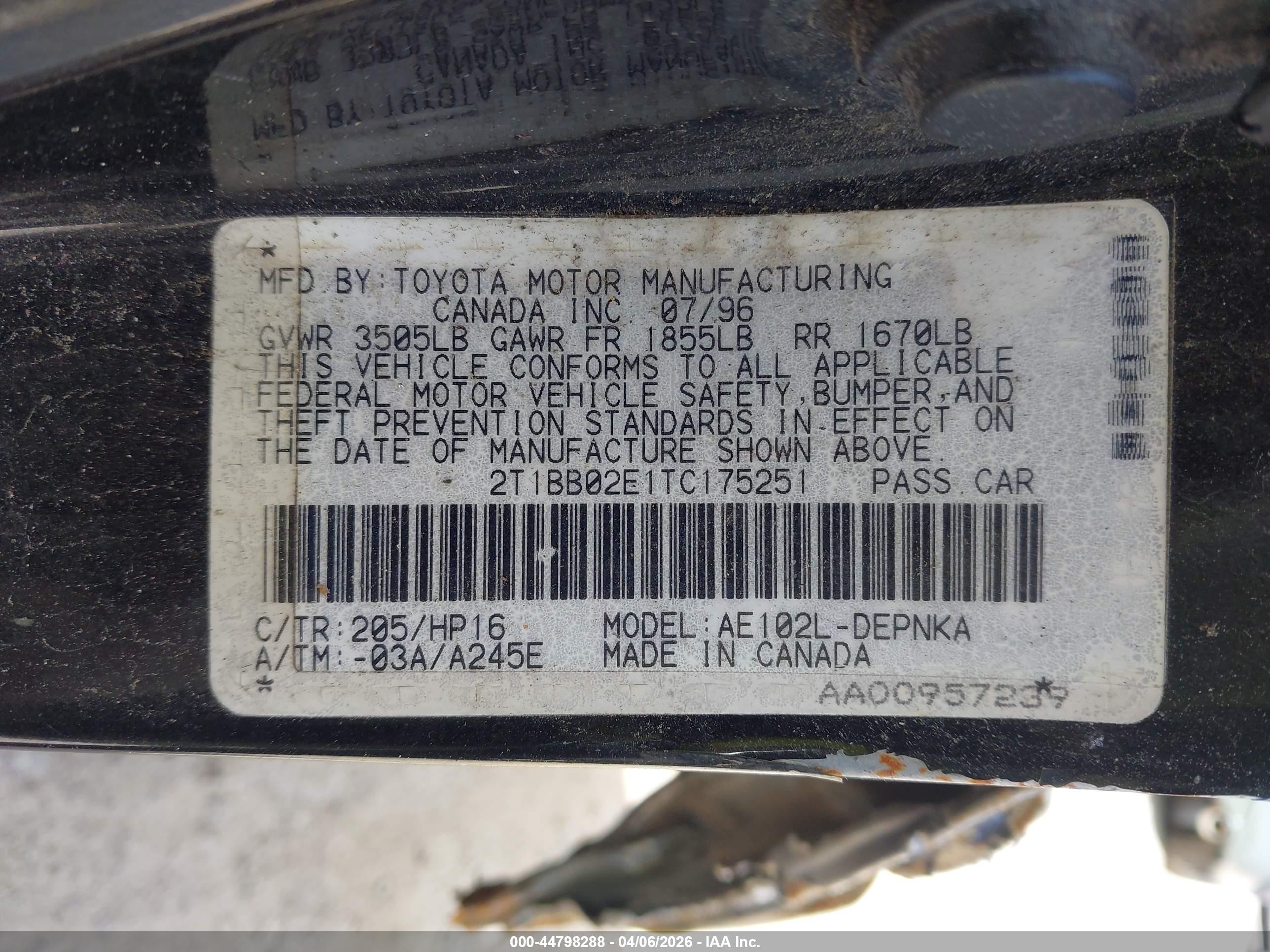 1996 Toyota Corolla Dx Black vin: 2T1BB02E1TC175251