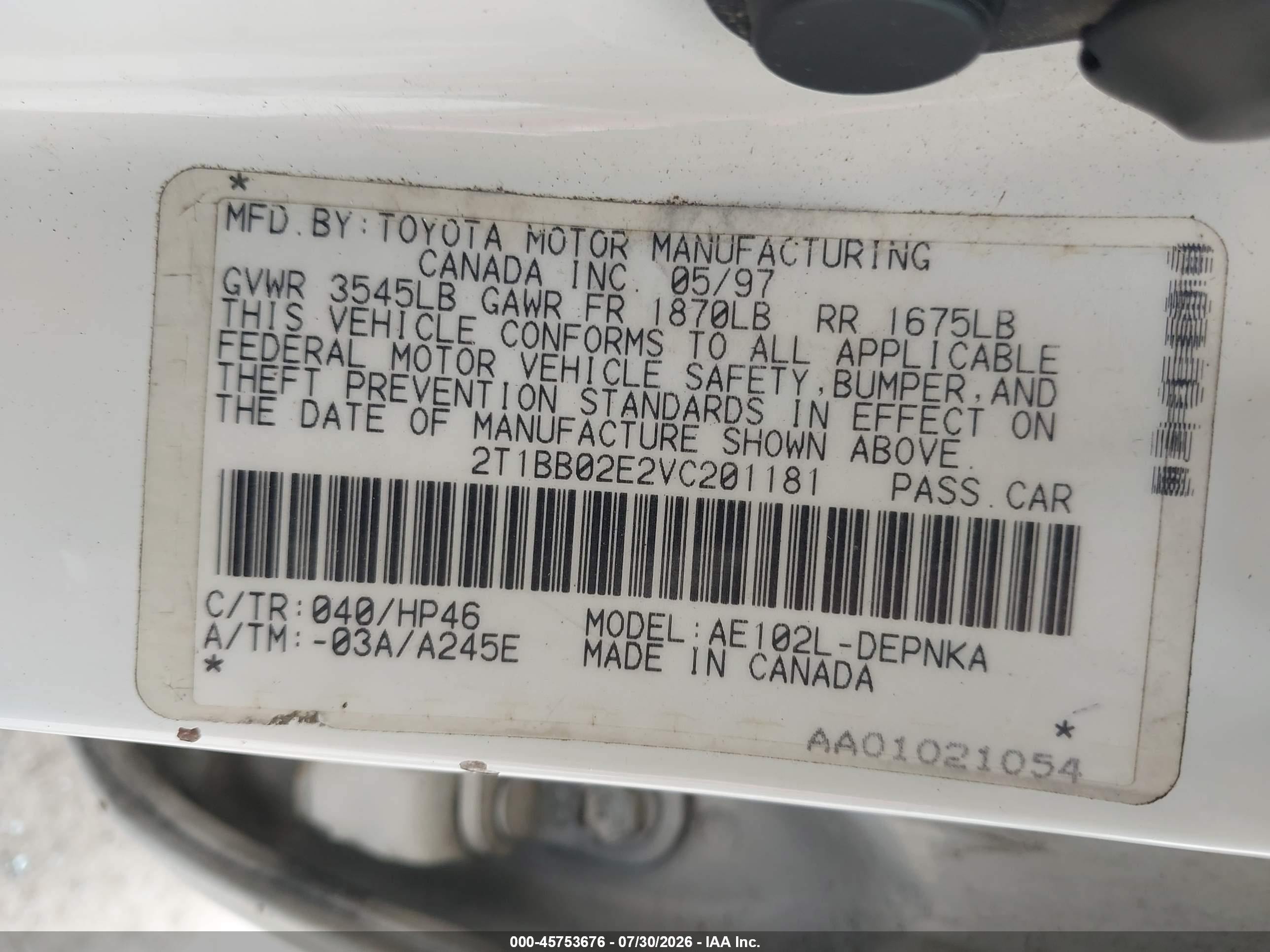 1997 Toyota Corolla Dx White vin: 2T1BB02E2VC201181