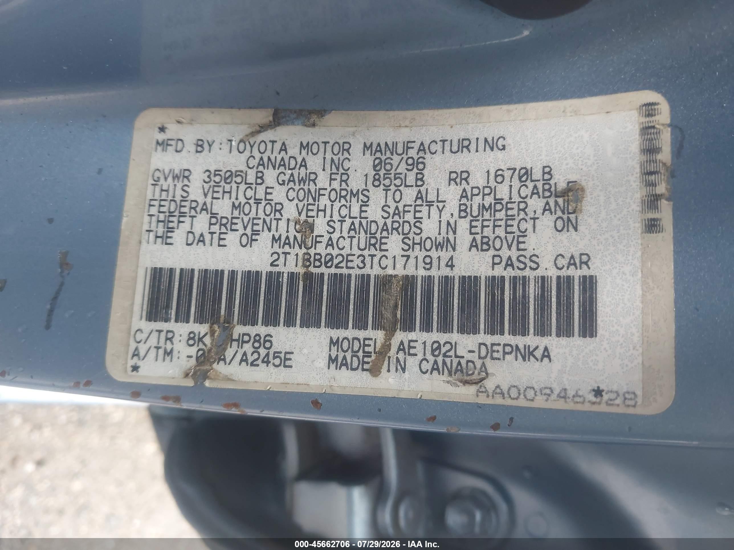 1996 Toyota Corolla Dx Blue vin: 2T1BB02E3TC171914