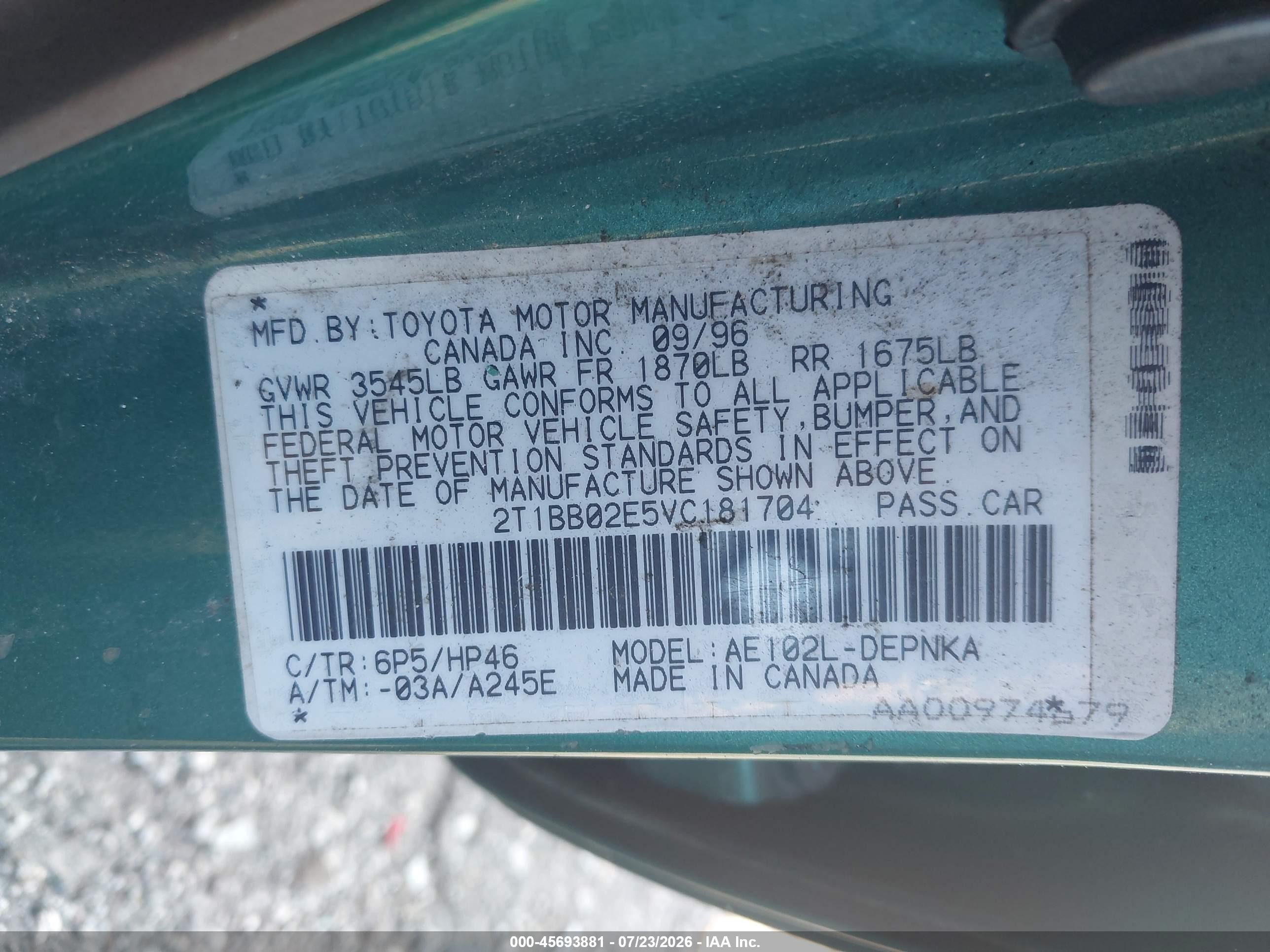 1997 Toyota Corolla Dx Зеленый vin: 2T1BB02E5VC181704