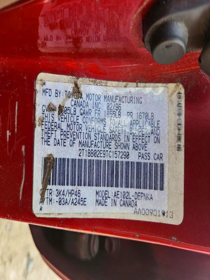 1996 Toyota Corolla Dx Red vin: 2T1BB02E9TC157290