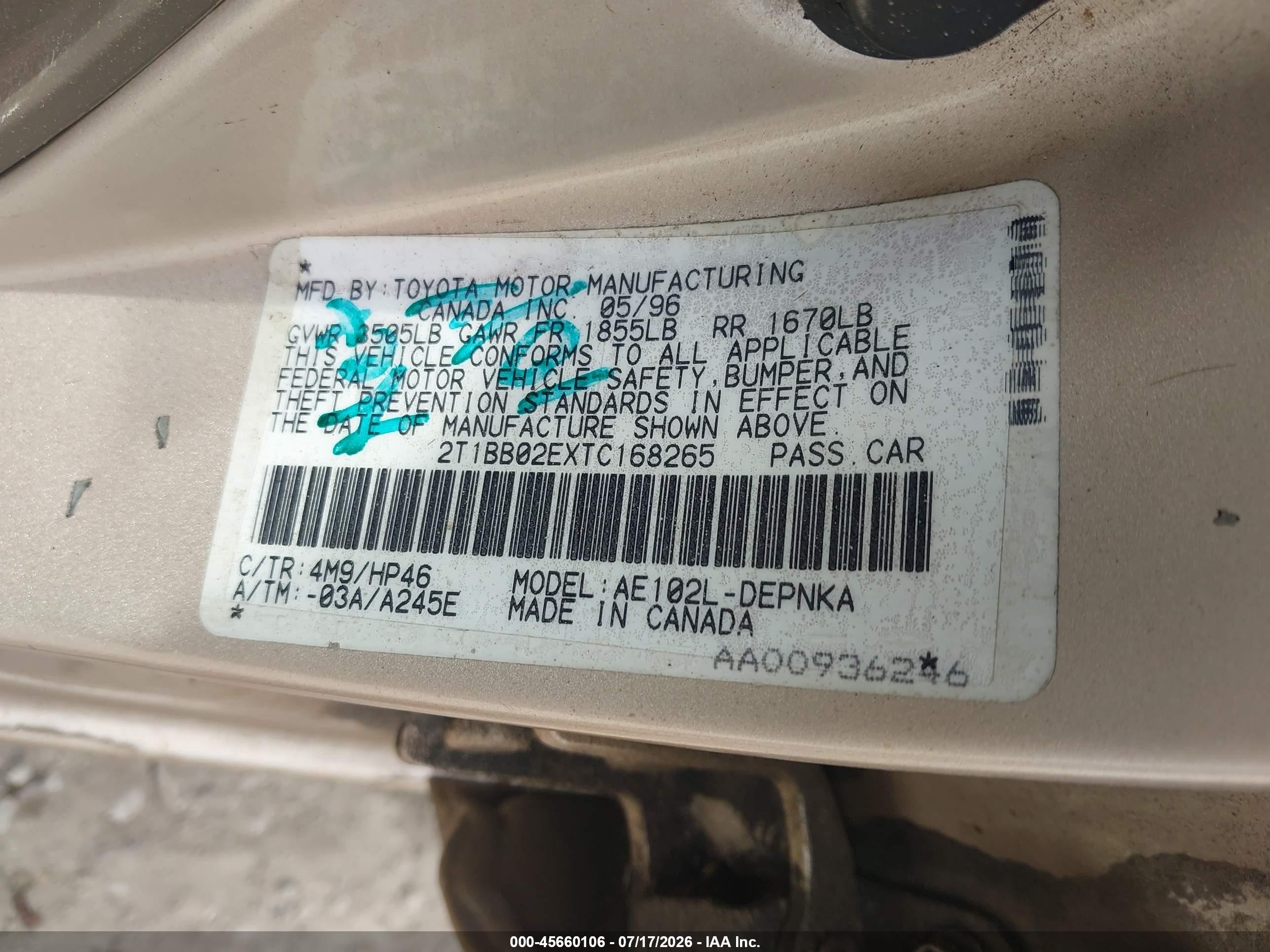 1996 Toyota Corolla Dx Gold vin: 2T1BB02EXTC168265