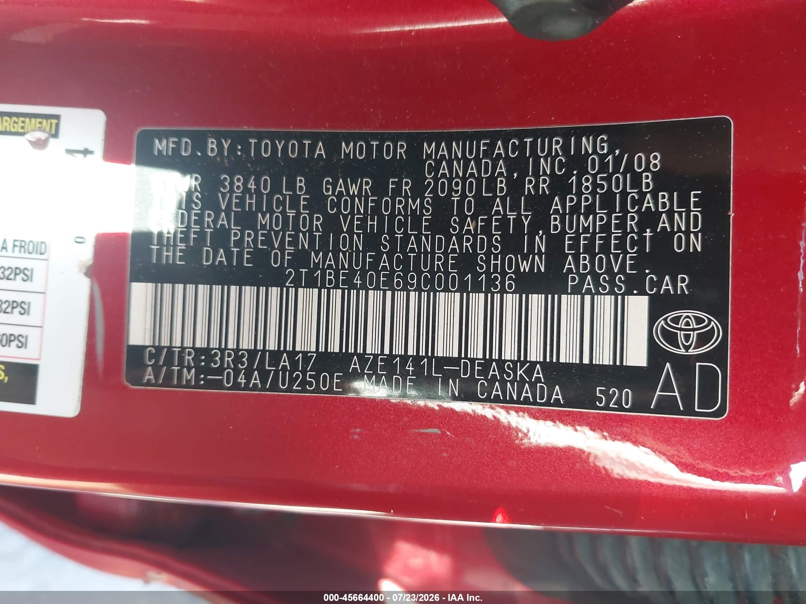2009 Toyota Corolla Xrs Красный vin: 2T1BE40E69C001136