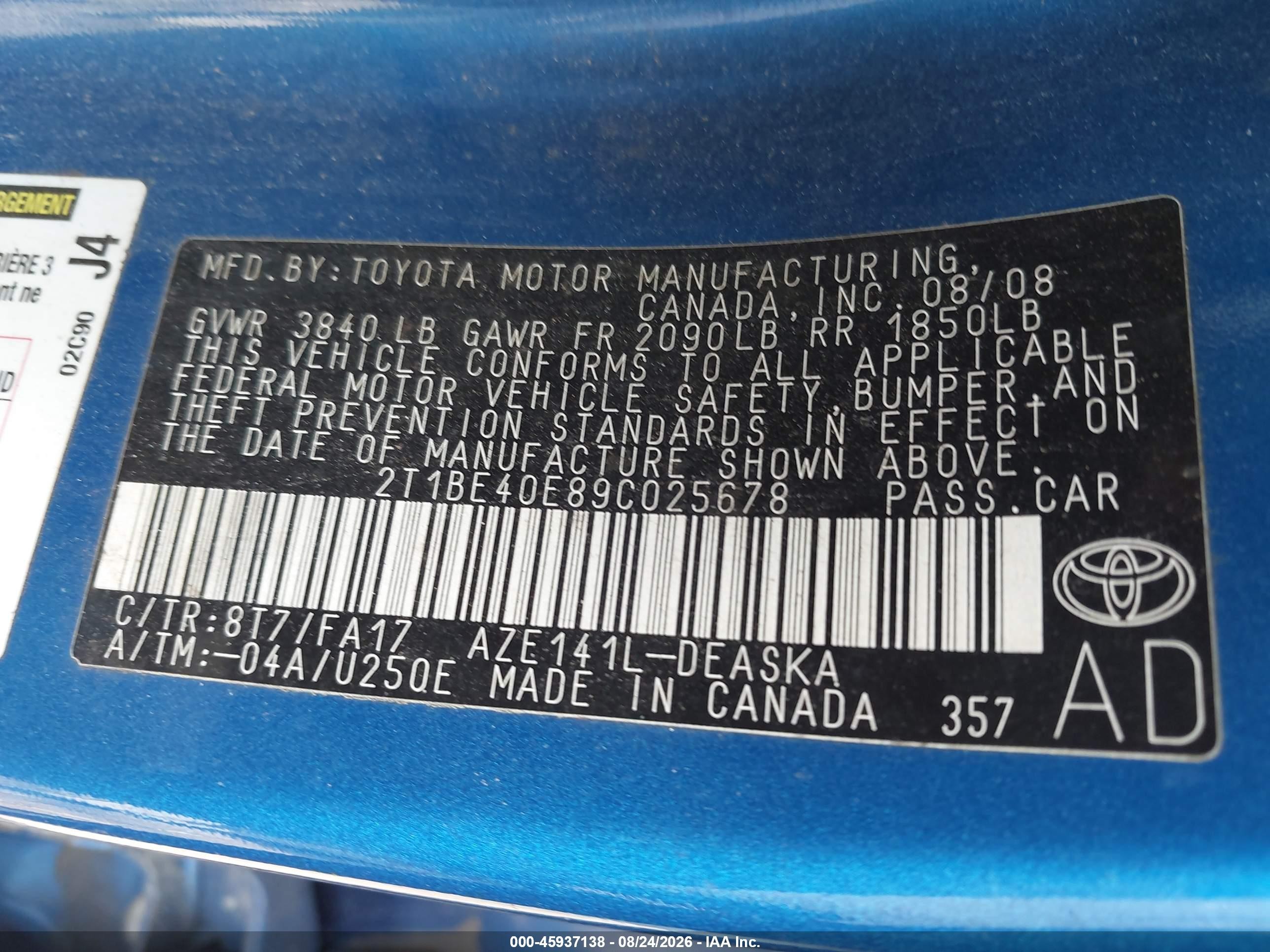 2009 Toyota Corolla Xrs Blue vin: 2T1BE40E89C025678