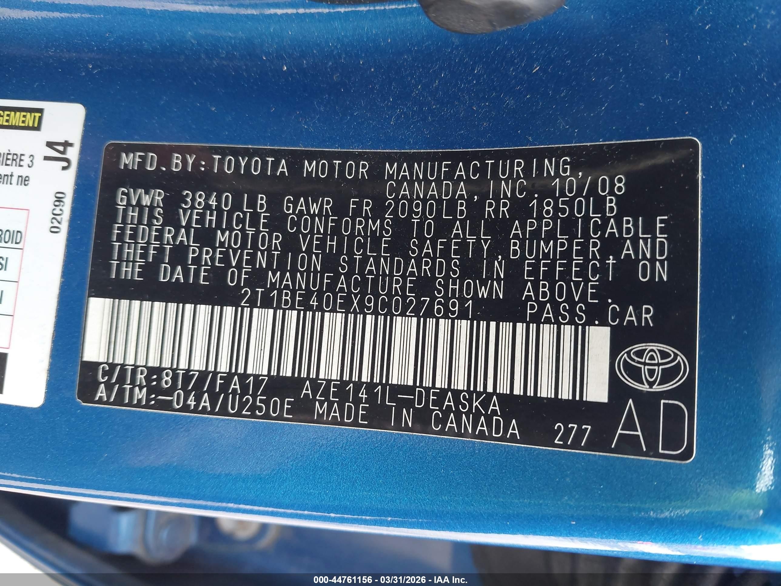 2009 Toyota Corolla Xrs Blue vin: 2T1BE40EX9C027691