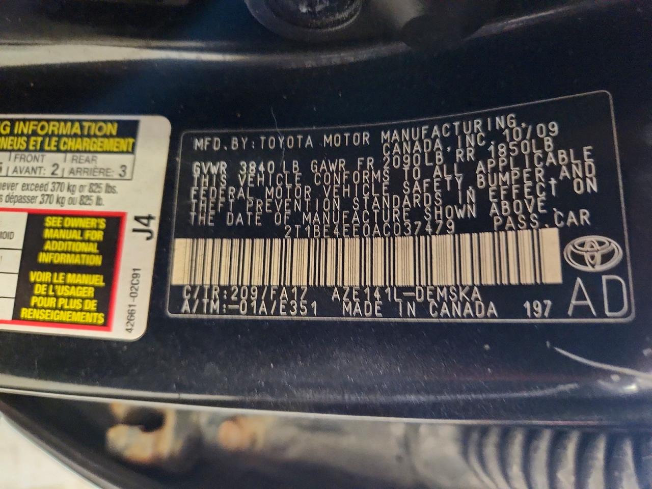2010 Toyota Corolla Xrs Charcoal vin: 2T1BE4EE0AC037479
