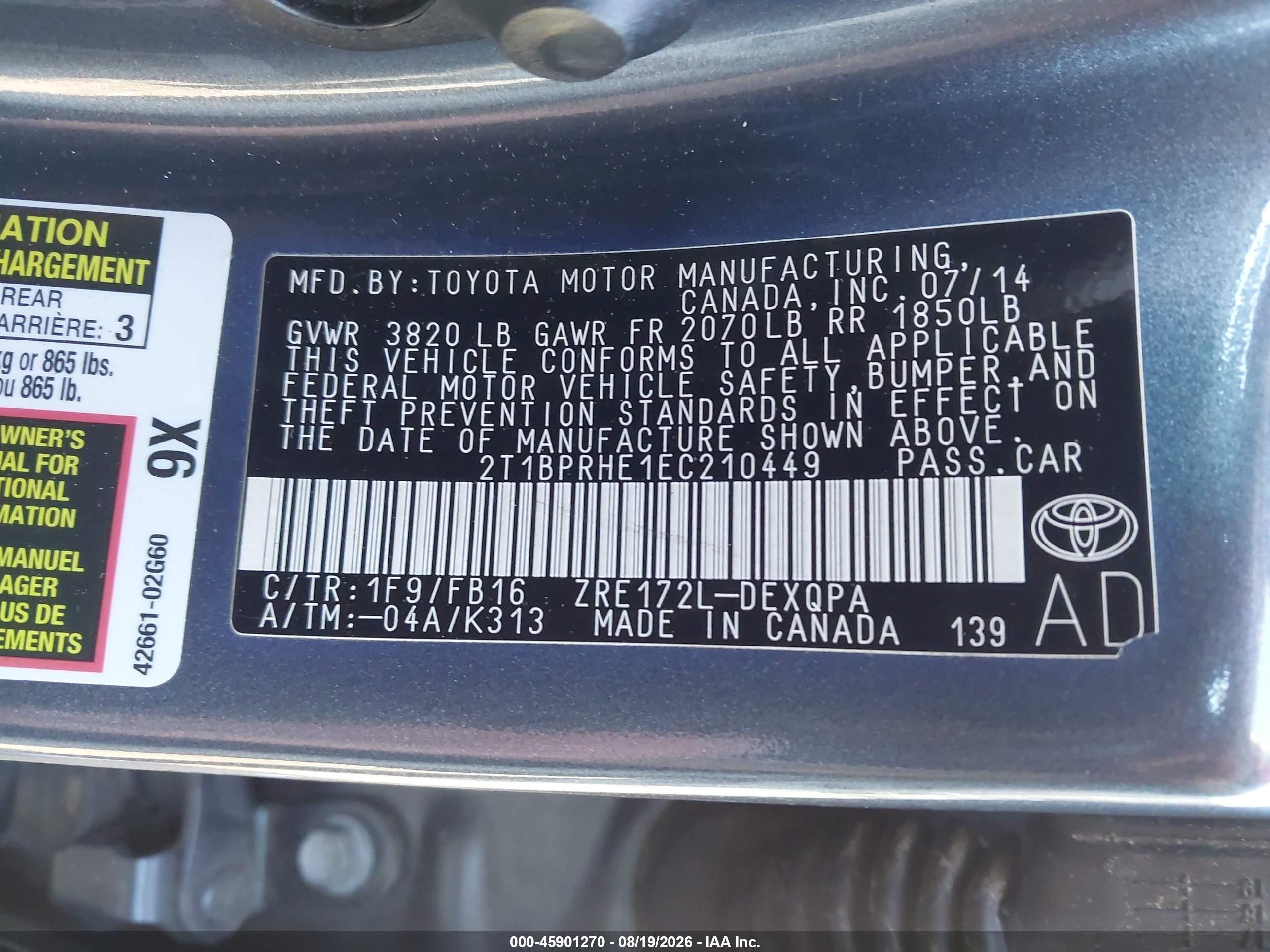 2014 Toyota Corolla Le Eco Синий vin: 2T1BPRHE1EC210449