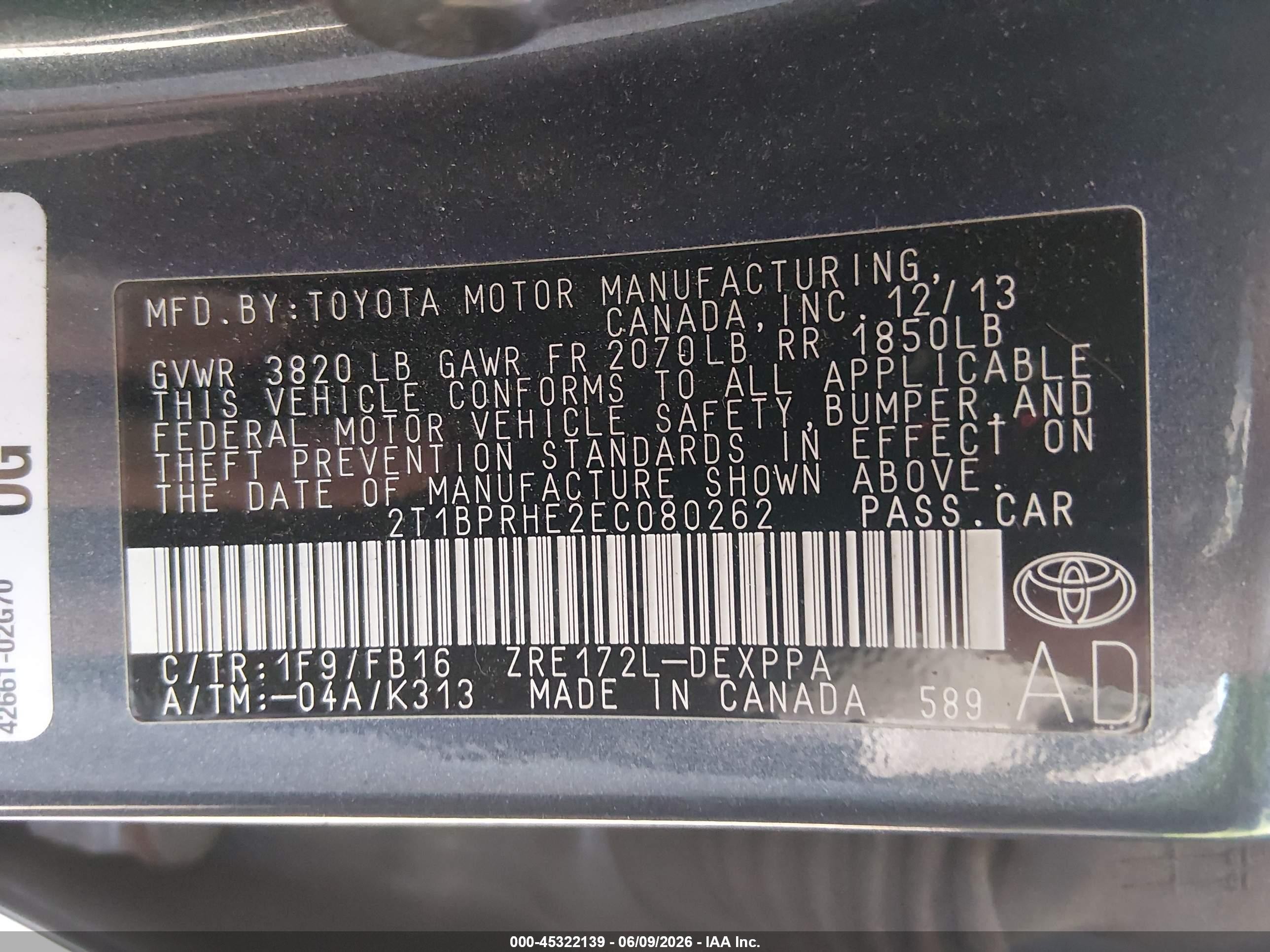 2014 Toyota Corolla Le Eco Plus Gray vin: 2T1BPRHE2EC080262