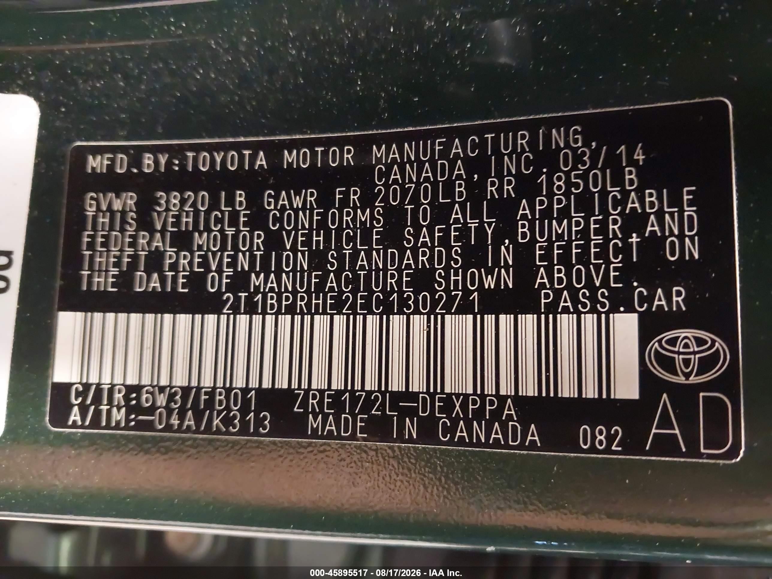 2014 Toyota Corolla Le Eco Plus Green vin: 2T1BPRHE2EC130271