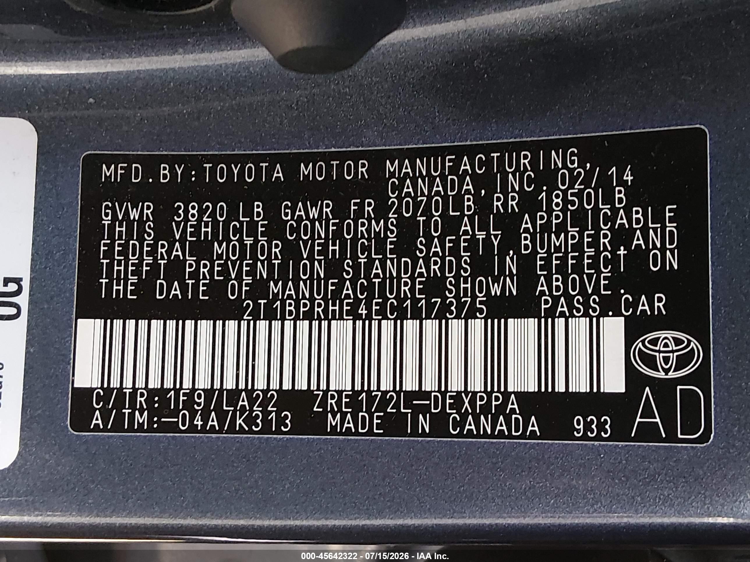 2014 Toyota Corolla Le Eco Premium Gray vin: 2T1BPRHE4EC117375