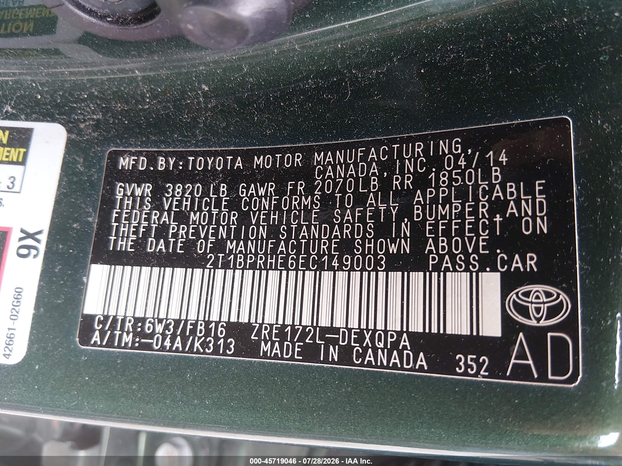 2014 Toyota Corolla Le Eco Green vin: 2T1BPRHE6EC149003