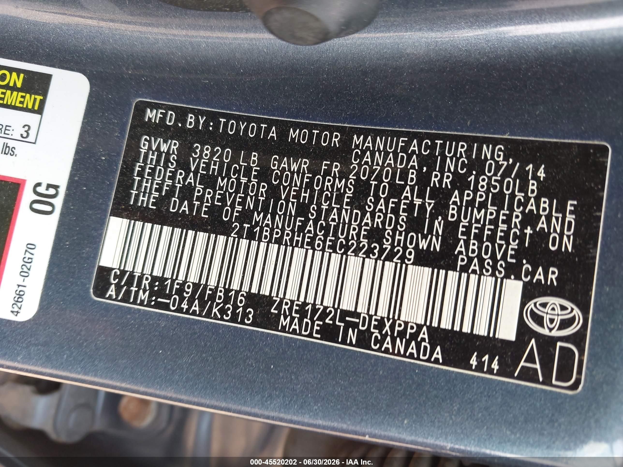 2014 Toyota Corolla Le Eco Plus Blue vin: 2T1BPRHE6EC223729