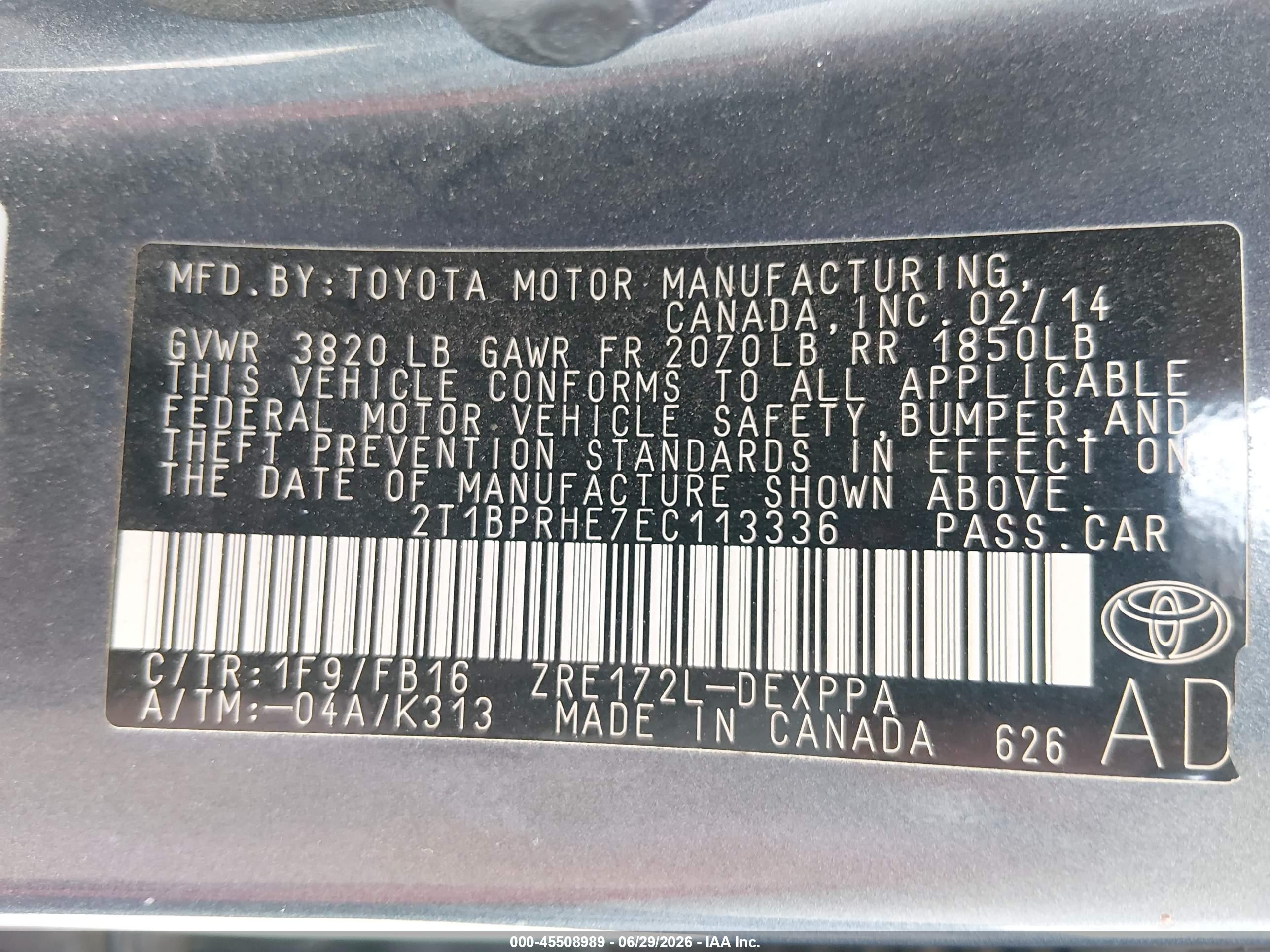 2014 Toyota Corolla Le Eco Plus Blue vin: 2T1BPRHE7EC113336