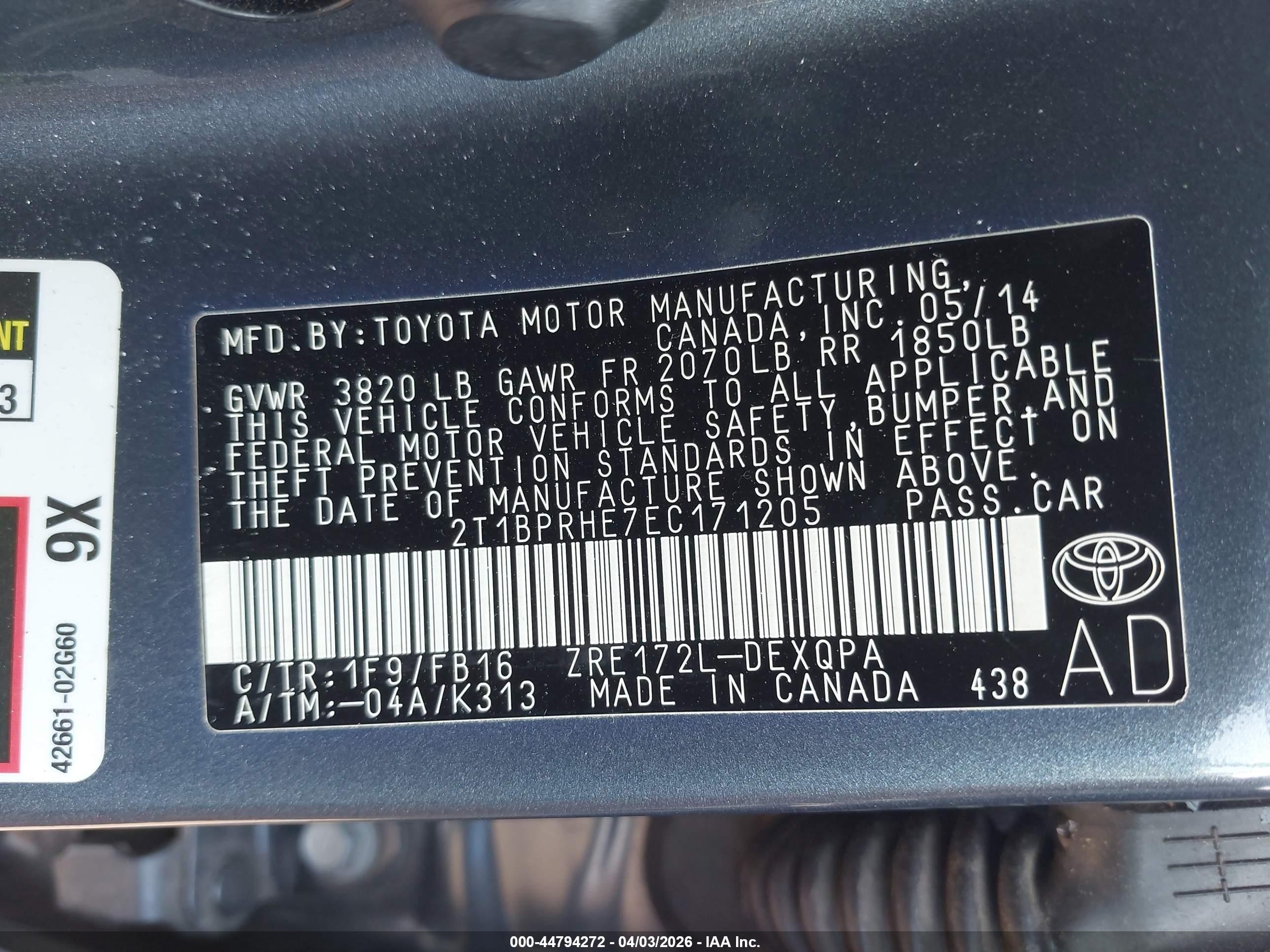 2014 Toyota Corolla Le Eco Gray vin: 2T1BPRHE7EC171205