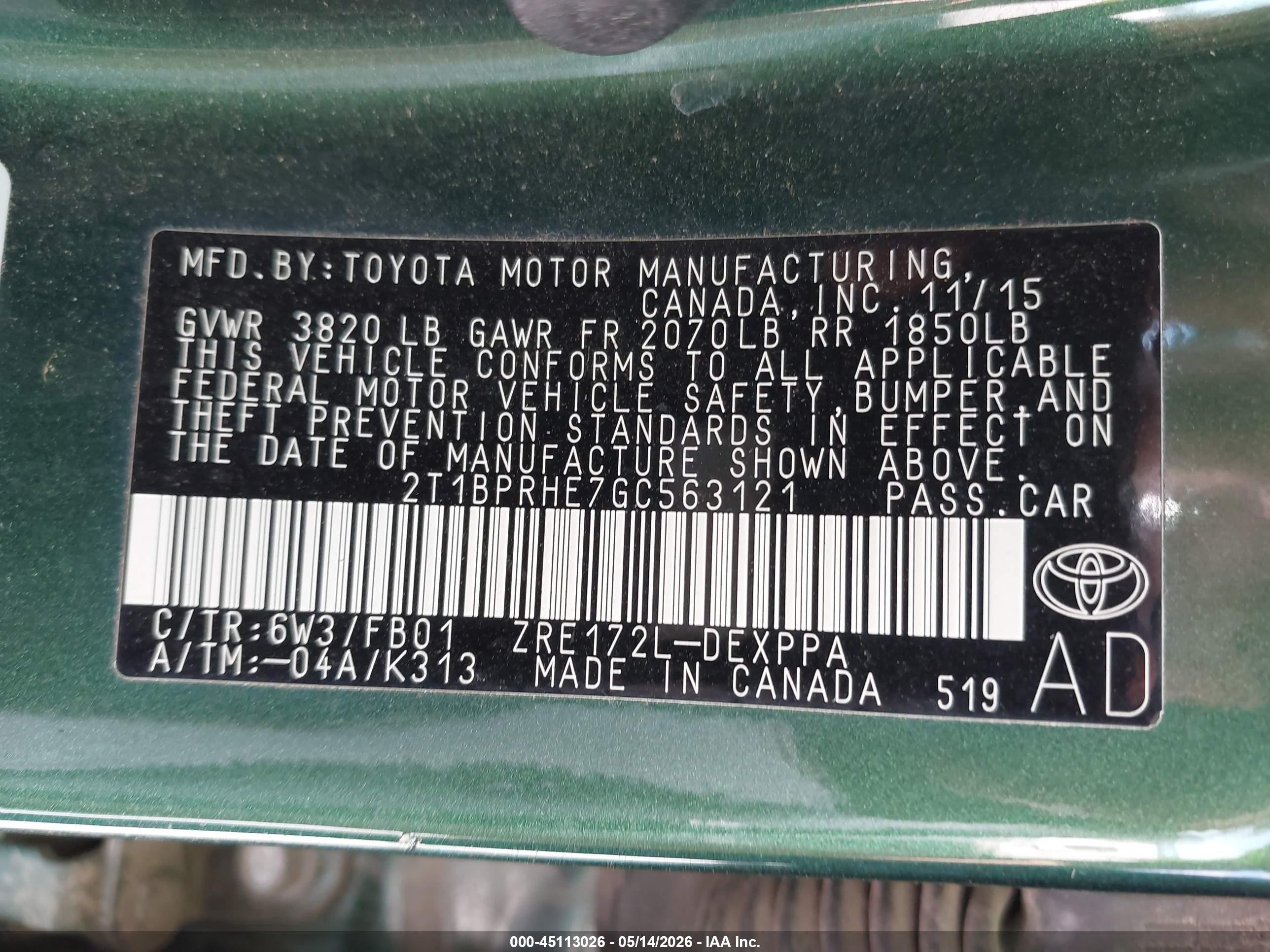 2016 Toyota Corolla Le Plus Green vin: 2T1BPRHE7GC563121