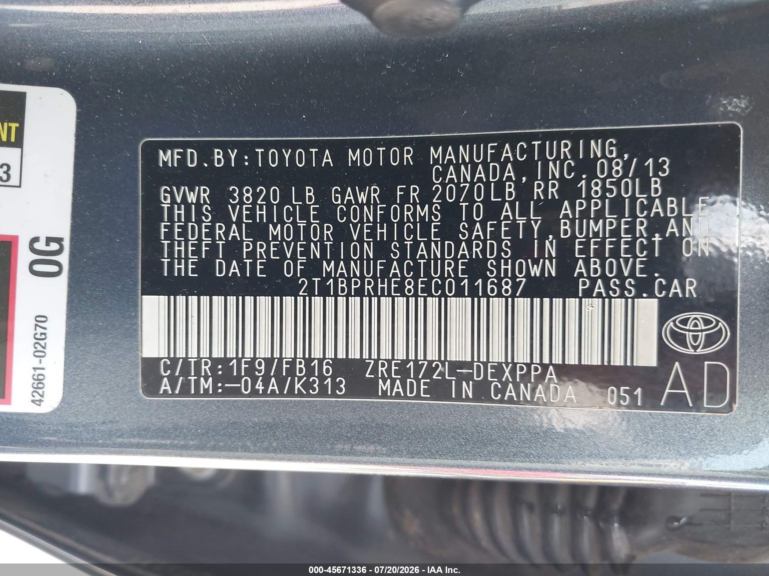 2014 Toyota Corolla Le Eco Plus Gray vin: 2T1BPRHE8EC011687