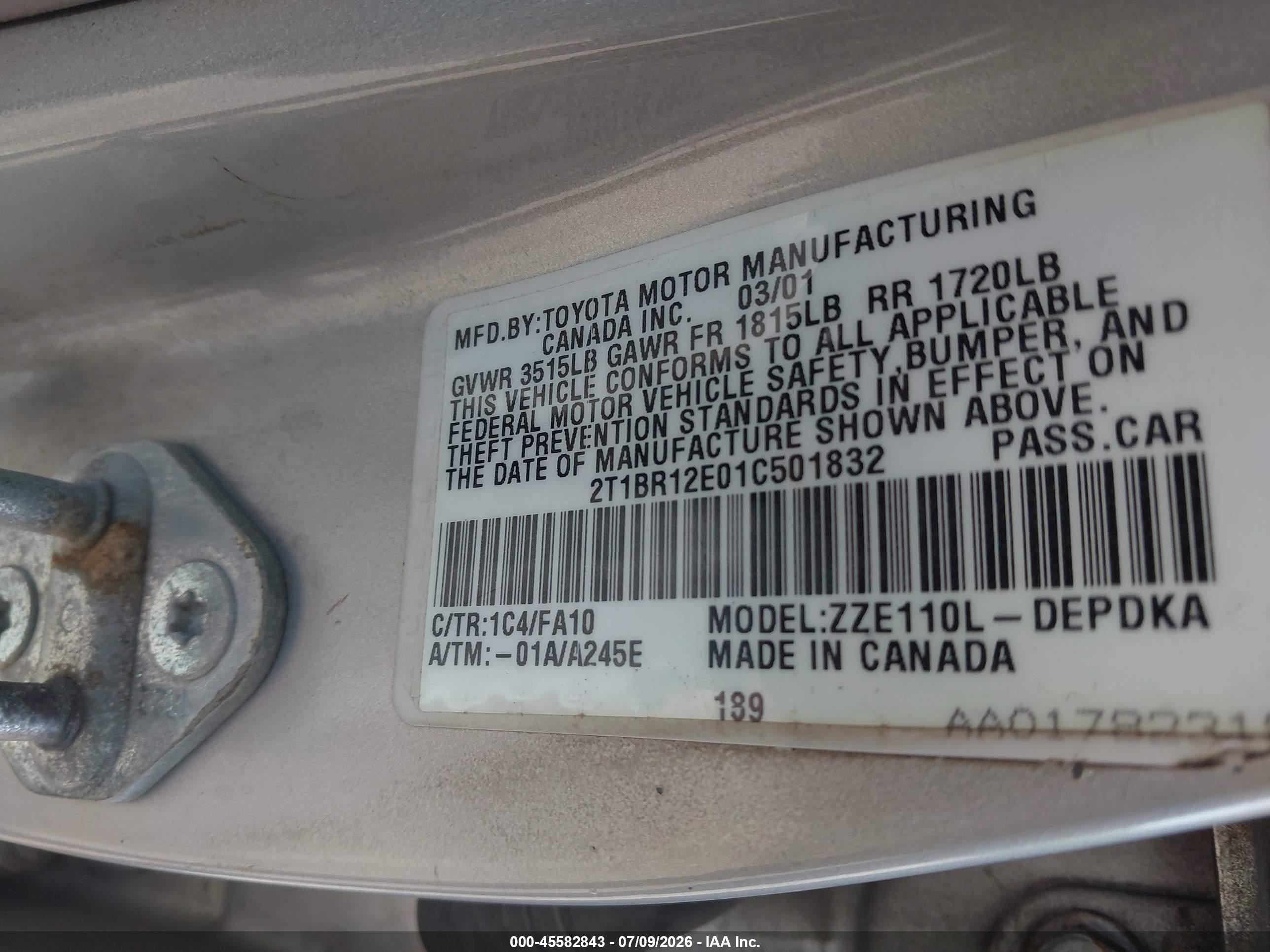 2001 Toyota Corolla Le Silver vin: 2T1BR12E01C501832