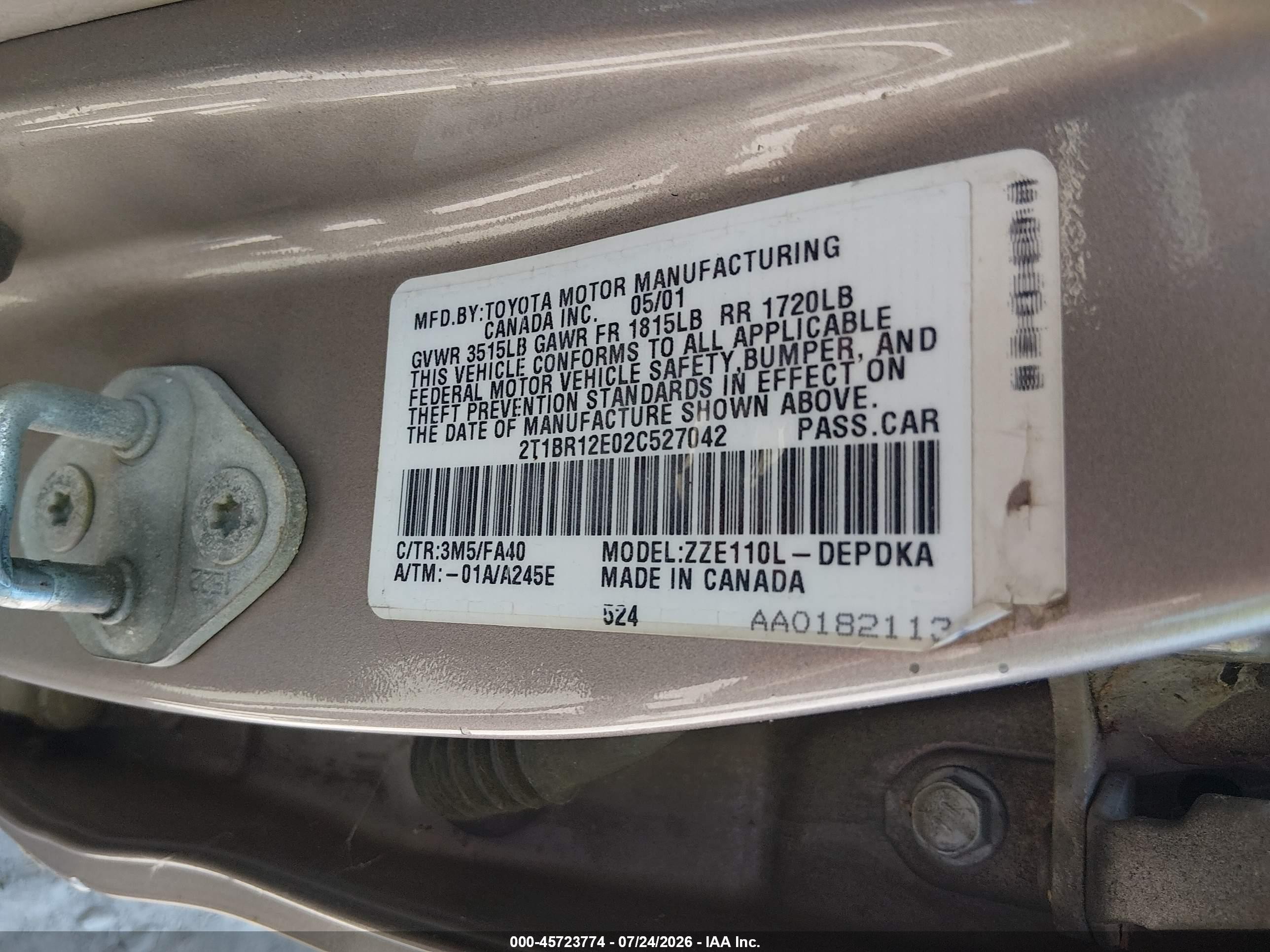 2002 Toyota Corolla Le Champagne vin: 2T1BR12E02C527042