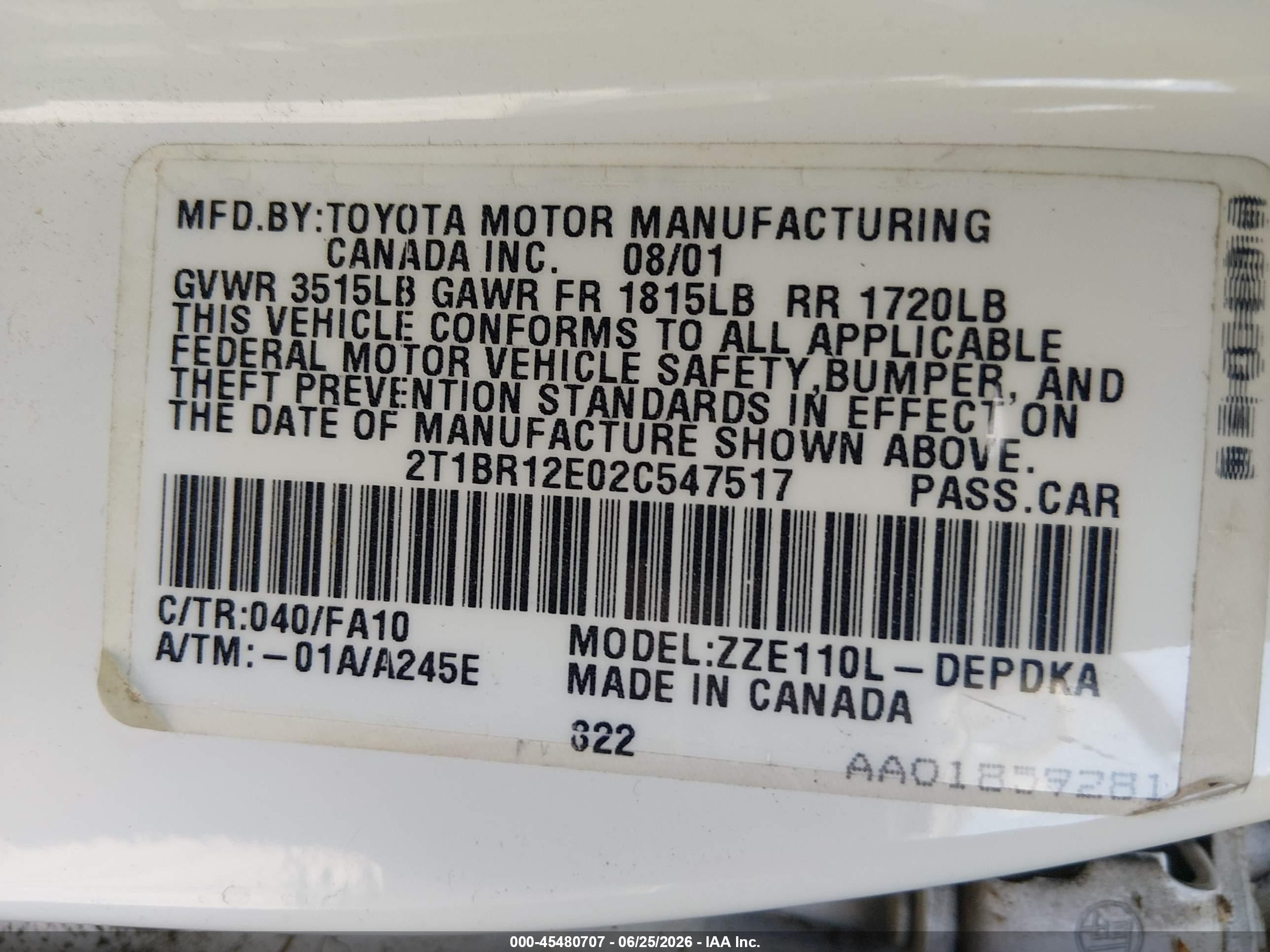 2002 Toyota Corolla Ce/le/s White vin: 2T1BR12E02C547517