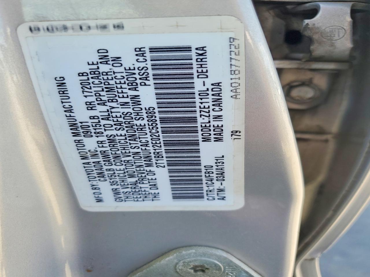 2002 Toyota Corolla Ce Серебряный vin: 2T1BR12E02C558985