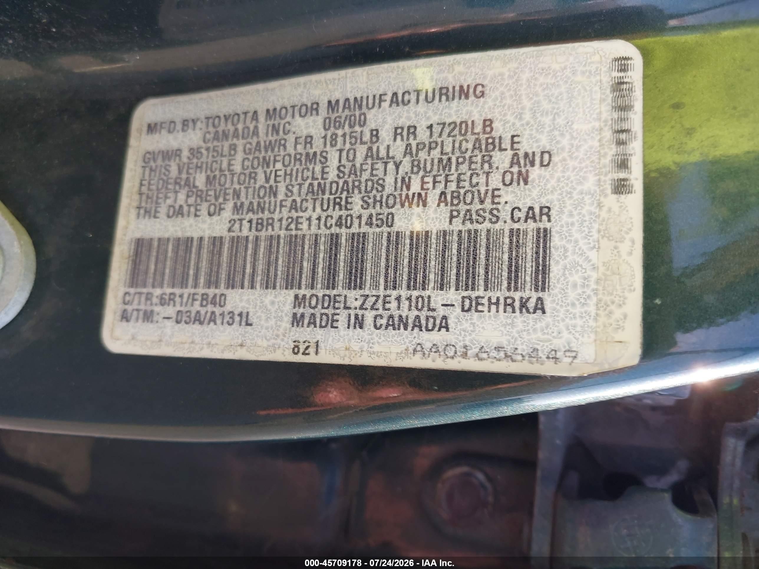 2001 Toyota Corolla Ce Green vin: 2T1BR12E11C401450