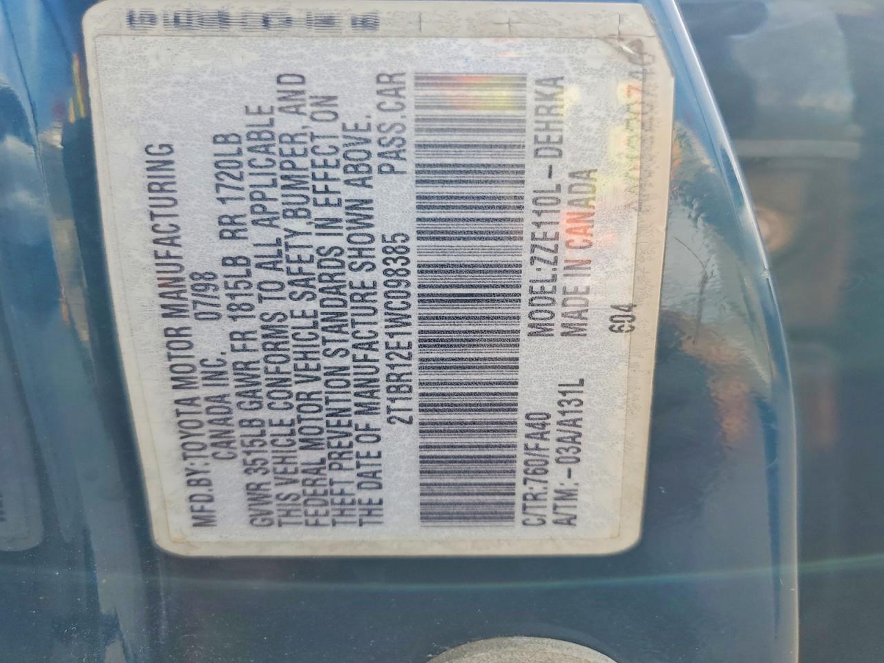 1998 Toyota Corolla Ve Blue vin: 2T1BR12E1WC098385