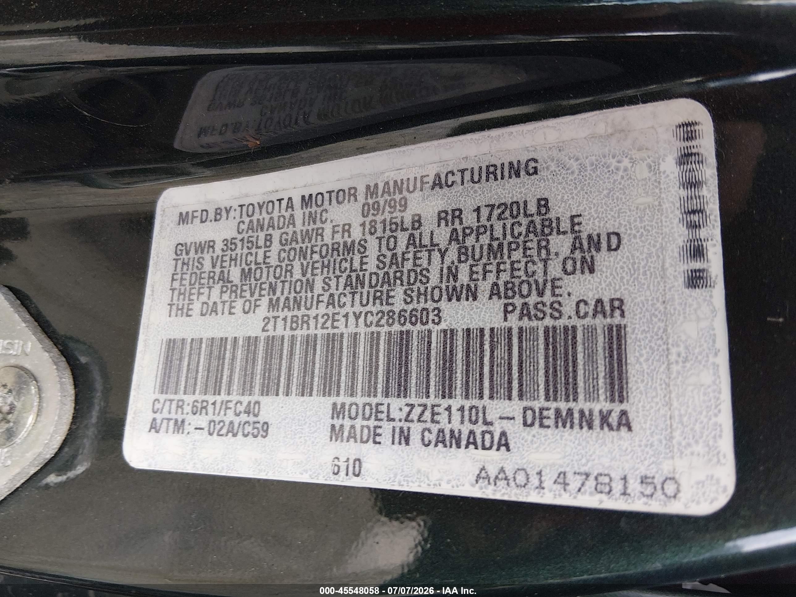 2000 Toyota Corolla Le Green vin: 2T1BR12E1YC286603