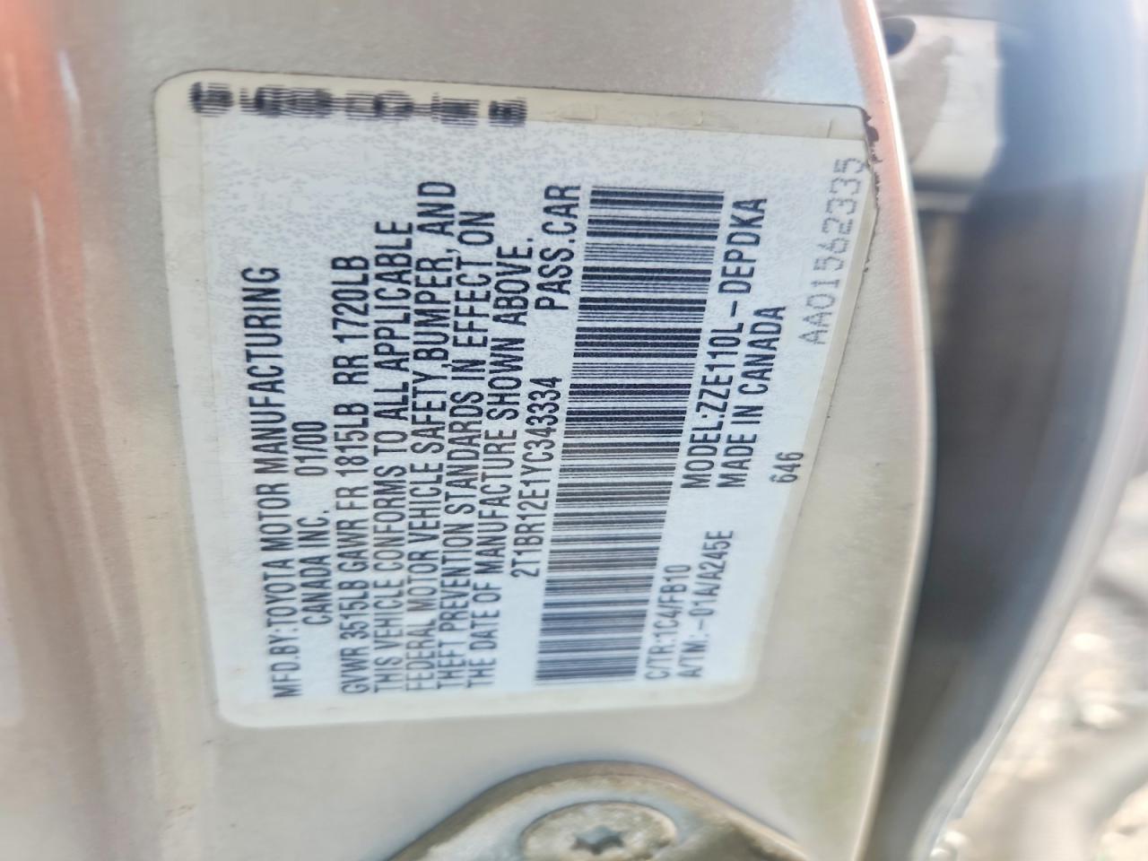 2000 Toyota Corolla Ve Silver vin: 2T1BR12E1YC343334