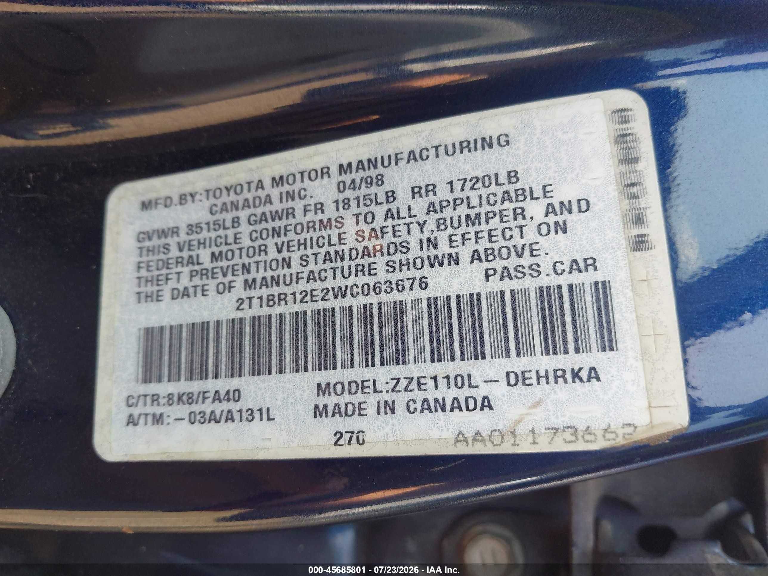 1998 Toyota Corolla Ve Dark Blue vin: 2T1BR12E2WC063676
