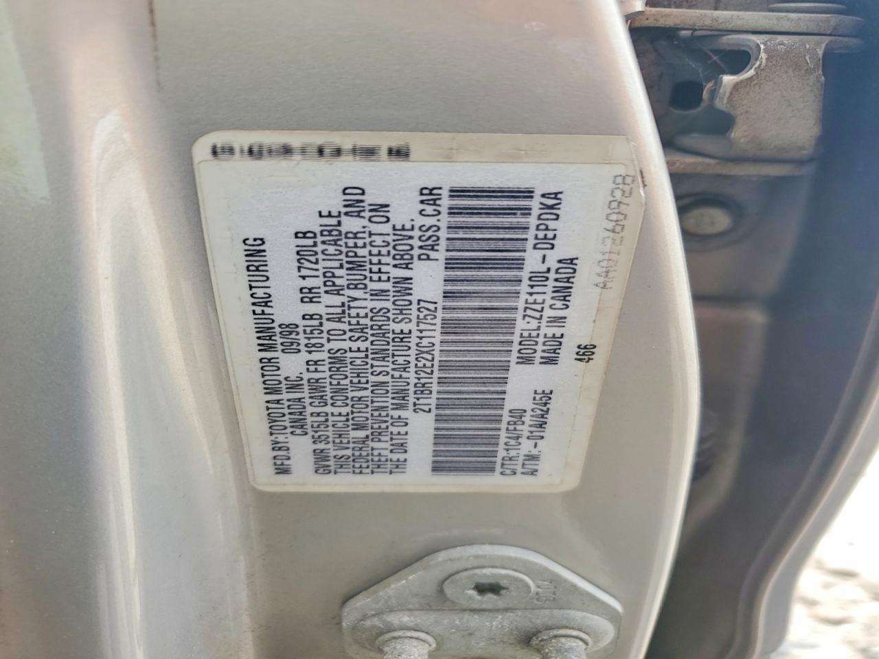 1999 Toyota Corolla Ve Silver vin: 2T1BR12E2XC117527